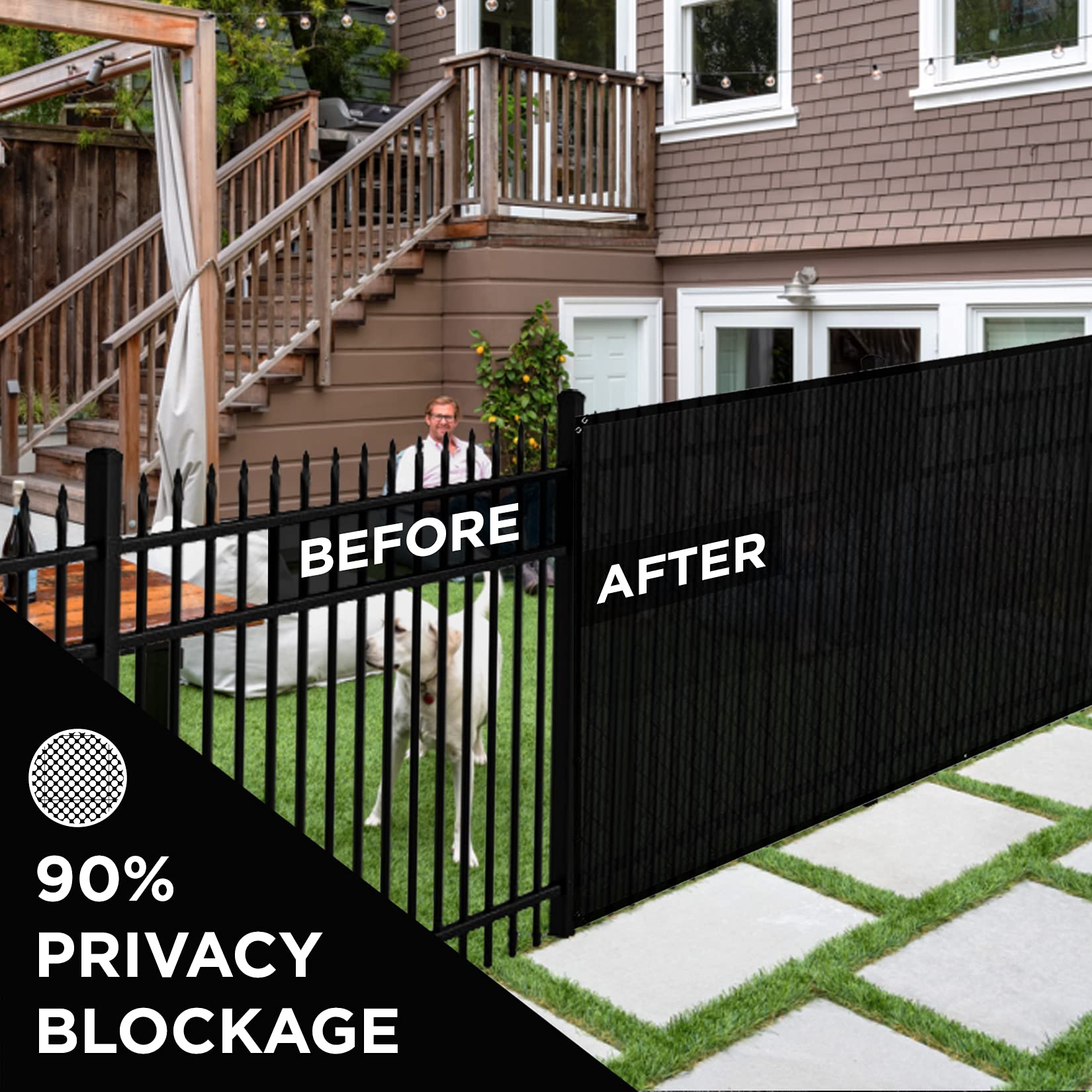 Boen 6' x 15' Black Backyard Privacy Screen Fence Cover - Instant Outdoor Windproof Shade Solution for Metal, Chain Link, Wood & Plastic Fencing - Perfect for Patio, Deck, Pool Area & Garden Privacy Protection