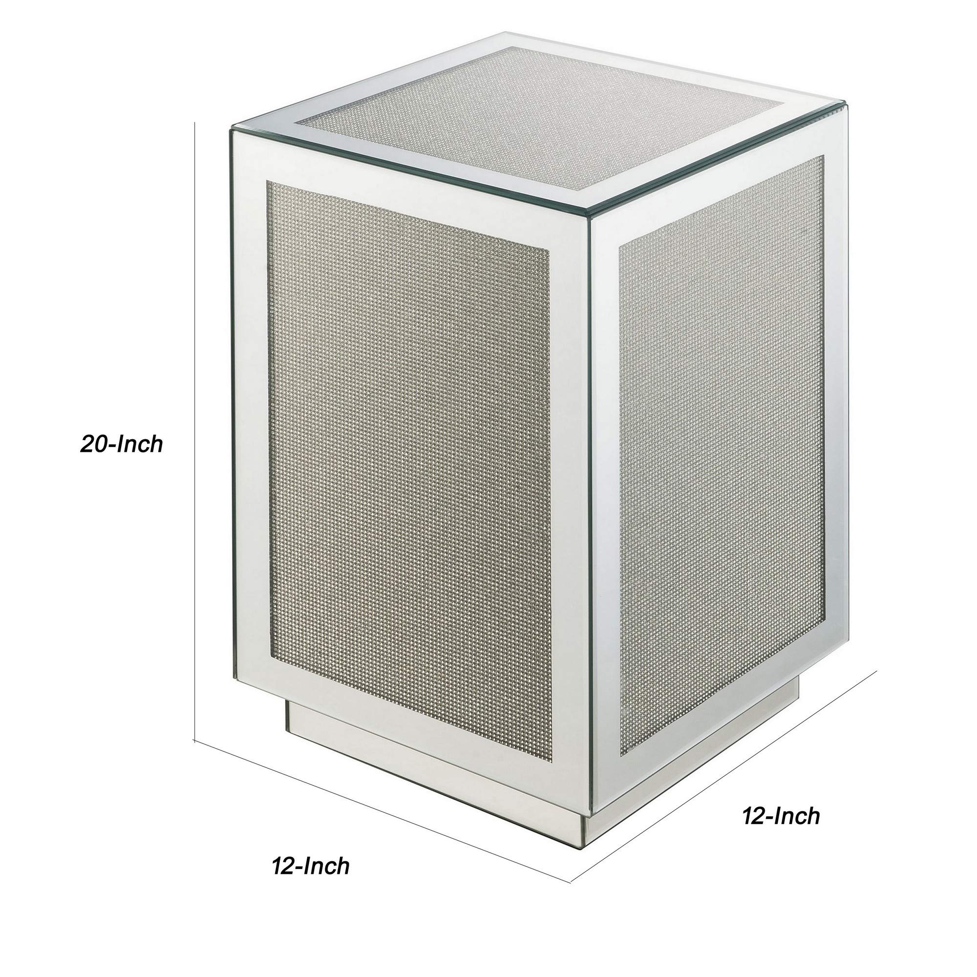 Benjara Silver Mirrored Accent Table with Faux Diamond Inlay & Glass Top - Elegant Living Room, Bedroom, or Entryway Decor