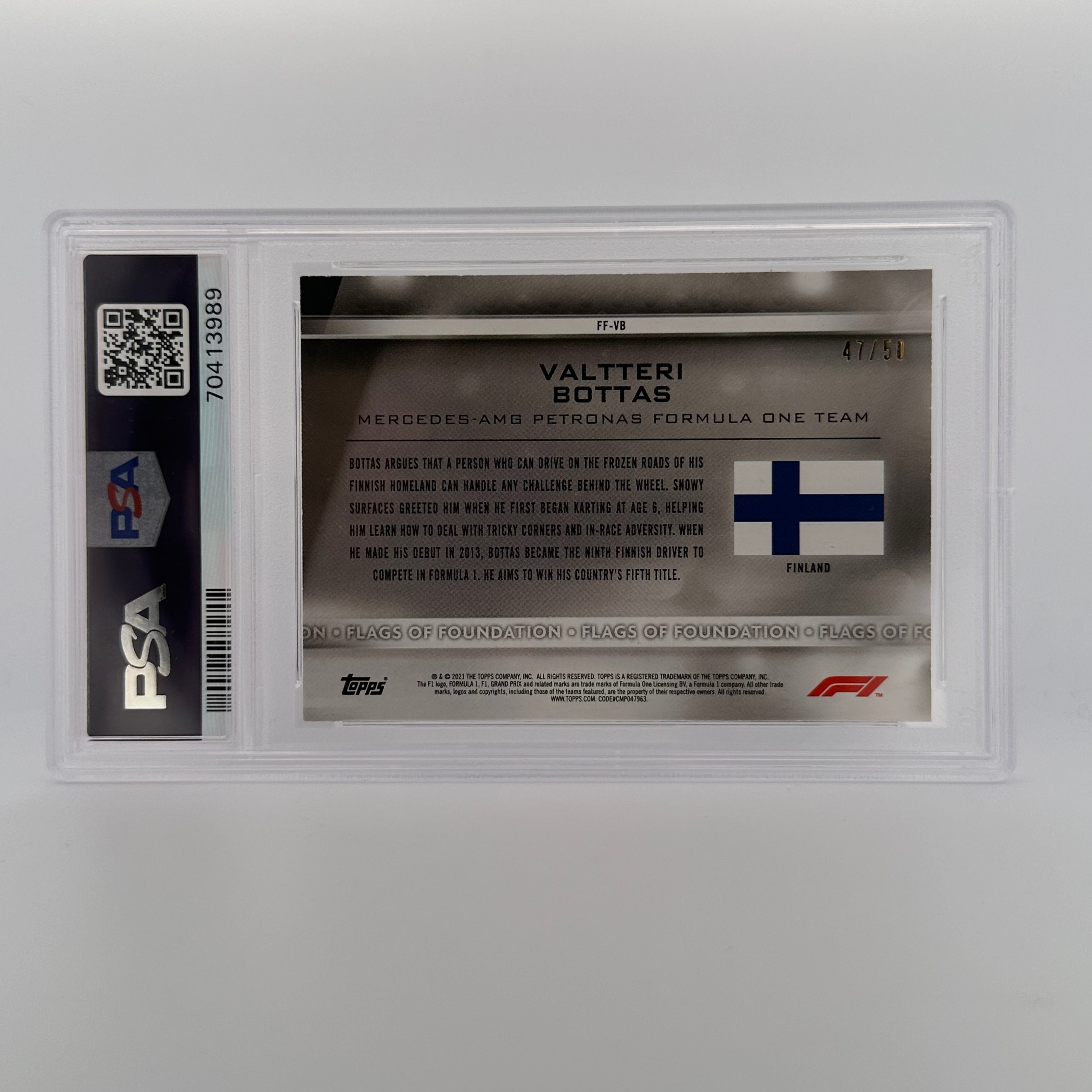 PSA 9 Graded 47/50 Valtteri Bottas #FF VB Flags Of Foundation Gold Parallel - Rare F1 Racing Collectible Card for Display & Investment