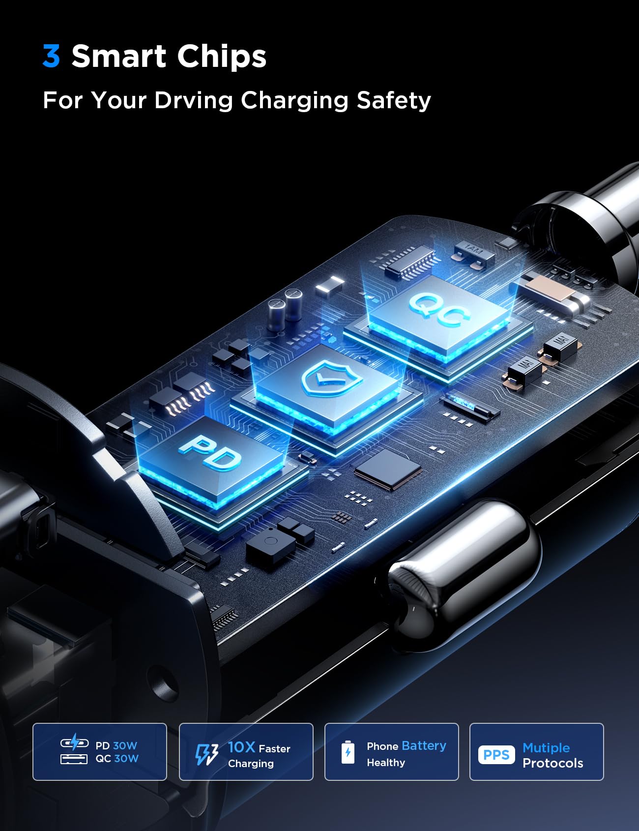 60W Fast Car Charger with Dual USB Ports & 40-inch Cable - Mini Cigarette Lighter Adapter for iPhone 16/15/14/13/12/11, Samsung S24/S23/S22 - Quick Charge for Road Trips & Daily Commute