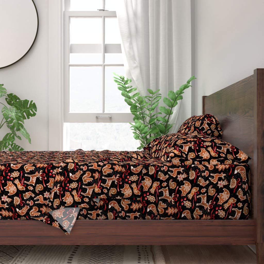 100% Cotton Twin Sheet Set 3pc - Woodland Gingerbread Black Animals Christmas Winter Fox Bear Holiday Brown Print Custom Bedding | Soft & Breathable for Cozy Winter Nights