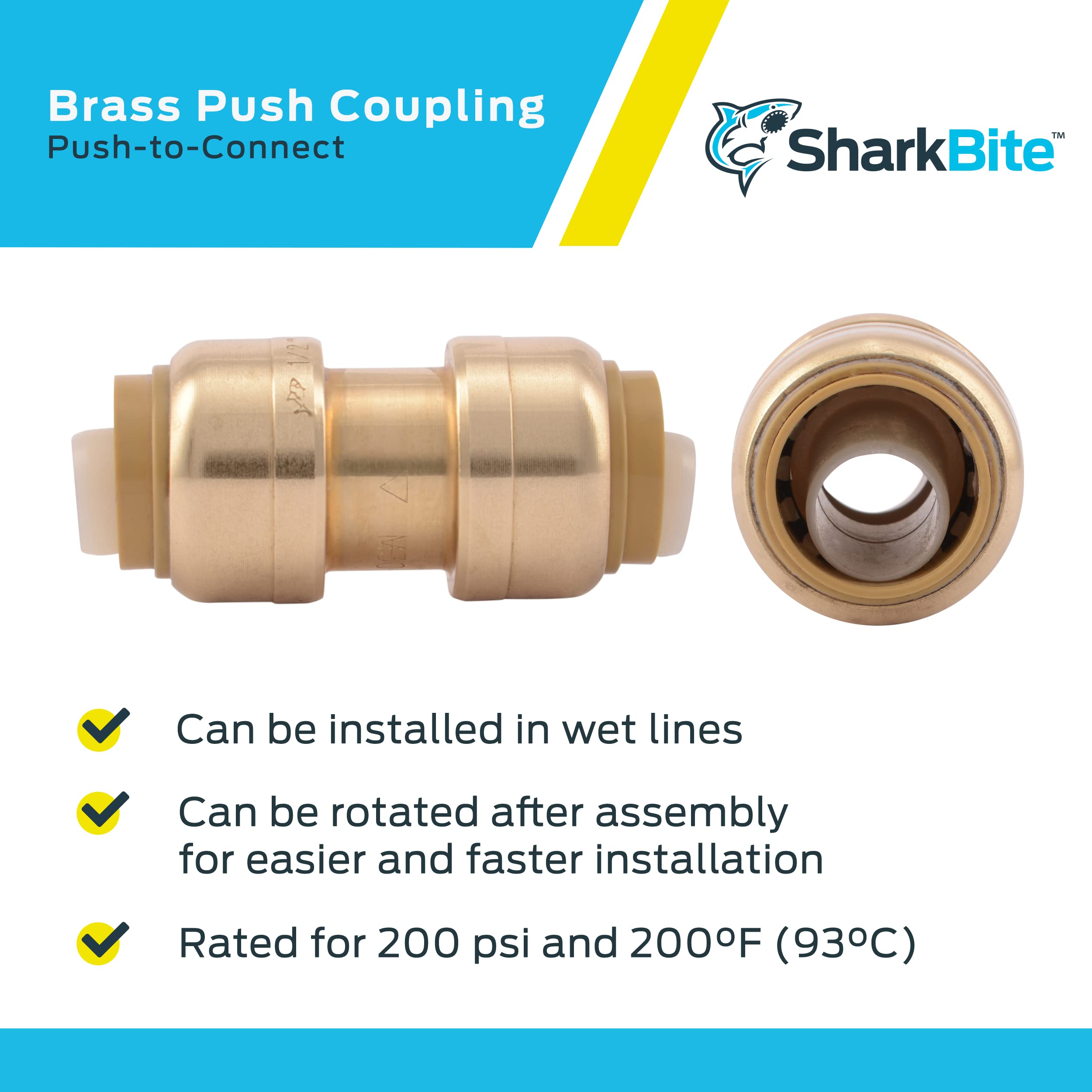 SharkBite 1/2 Inch Push to Connect Brass Coupling (10-Pack) - Fits PEX, Copper, CPVC, PE-RT & HDPE Pipes - U008LFCP - Perfect for Plumbing Repairs & DIY Water Supply Installations