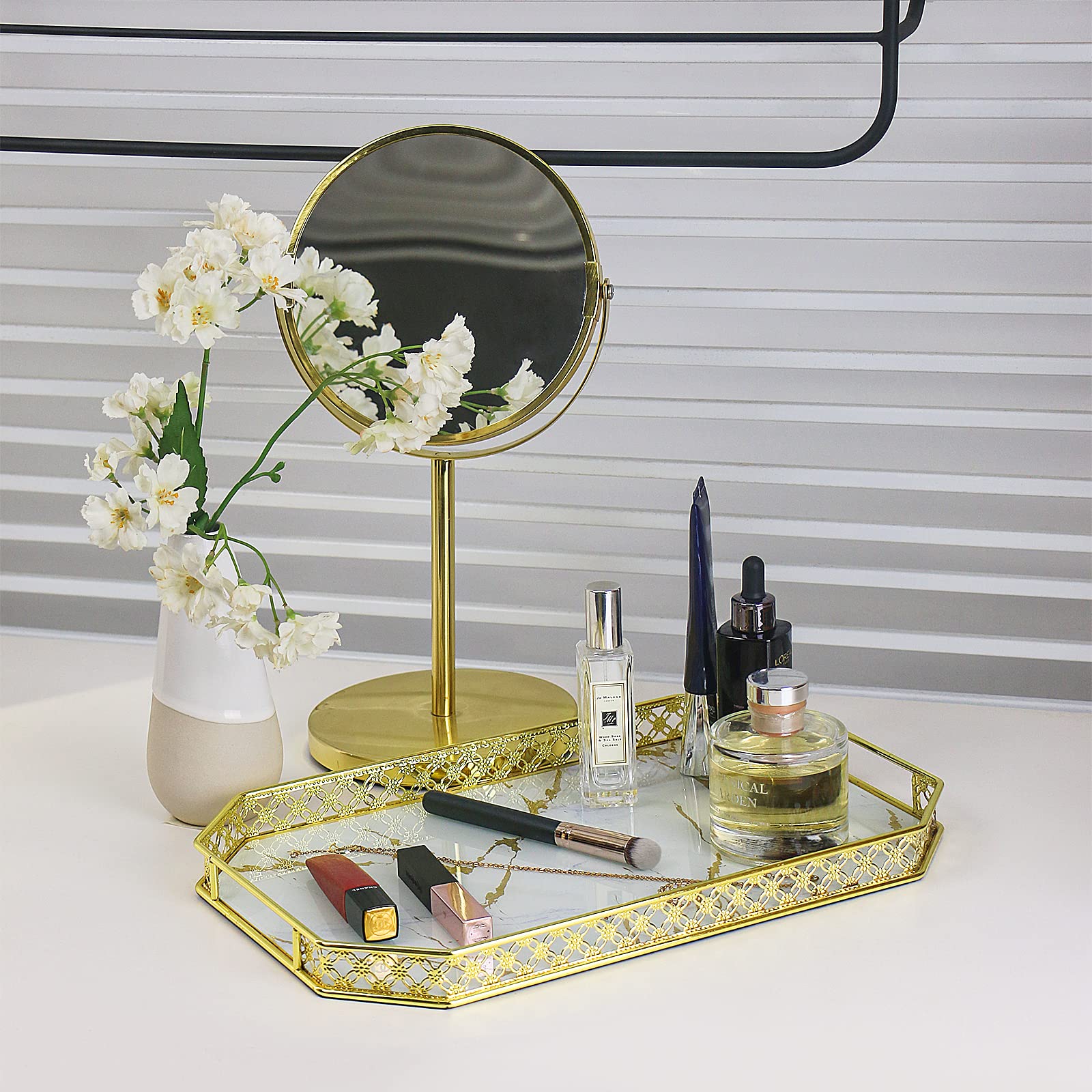 Elegant Gold Vanity Tray - 14×9×1.2 Inch Decorative Organizer for Perfume, Jewelry & Makeup | Perfect for Dresser, Bathroom & Home Decor | Stylish Storage Solution for Cosmetics, Rings & Fragrances