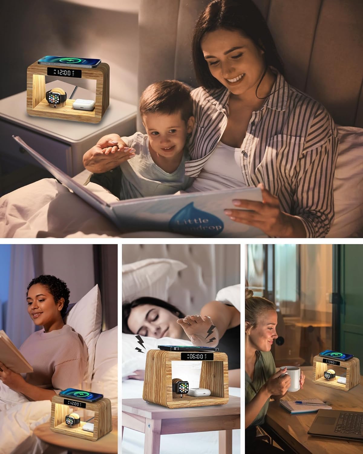 Bamboo Wireless Charging Station with Digital Alarm Clock & Night Light - Fast Qi Charger Stand for iPhone 15/14/13/12/11 Pro Max/X/Xs, AirPods Pro, iWatch Series 8/7/6/5/SE - Perfect for Bedside, Office & Travel Charging