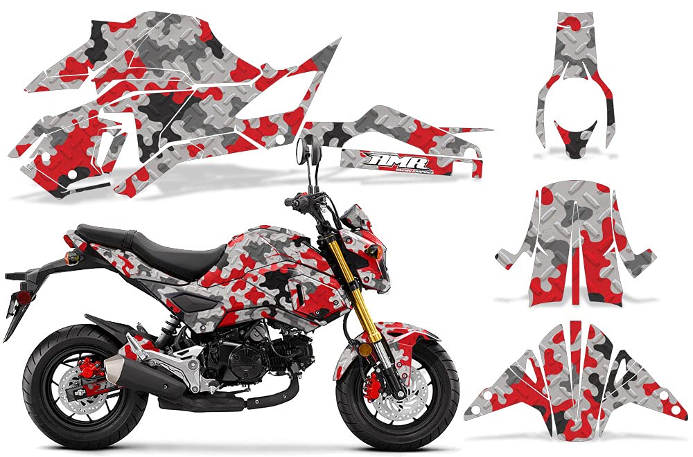 AMR Racing Motorcycle Graphics Kit Sticker Decal for Honda Grom 125 (2017-2020) - Camo Plate Red Design | Custom Bike Decals for Street Racing & Off-Road Adventures
