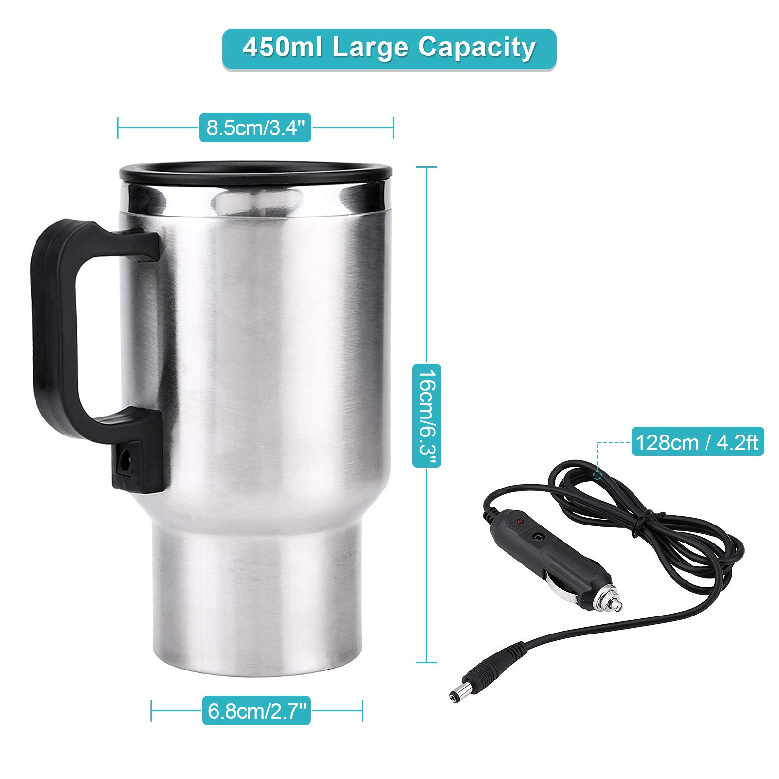 12V Stainless Steel Car Heating Cup - 450ml for Coffee, Tea & Travel