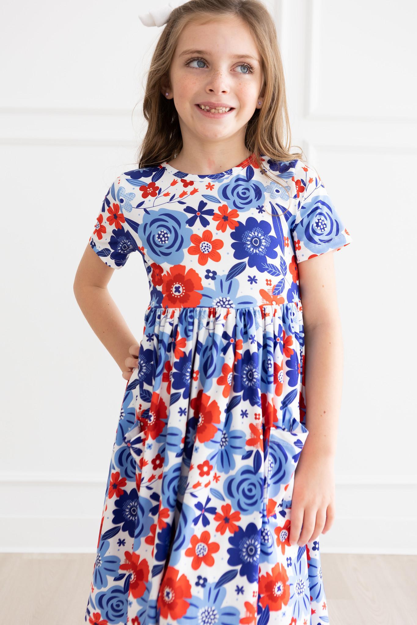 Happy 4th Floral Short Sleeve Pocket Twirl Dress - Perfect for Summer Parties, Independence Day Celebrations & Casual Outings