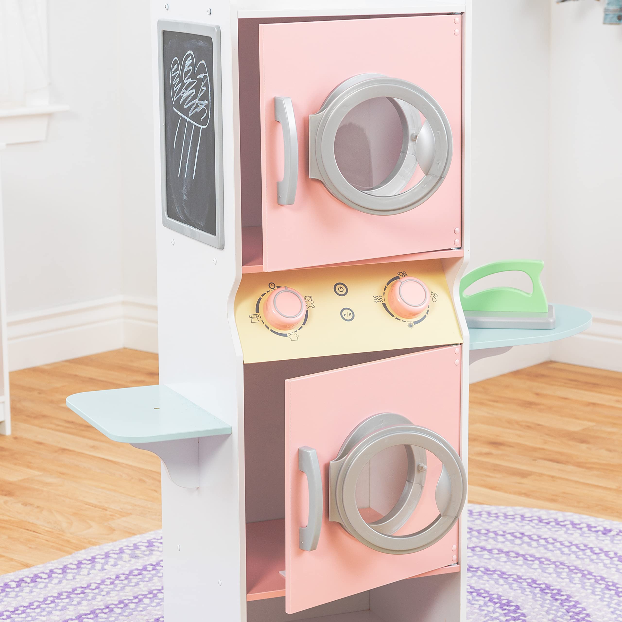 KidKraft Wooden Laundry Playset for Kids - Pretend Play Washer & Dryer Toy with Iron, Basket & Stackable Design - Pastel Color - Educational Gift for Toddlers Ages 3+ - Perfect for Imaginative Play, Role-Playing & Preschool Learning Activities