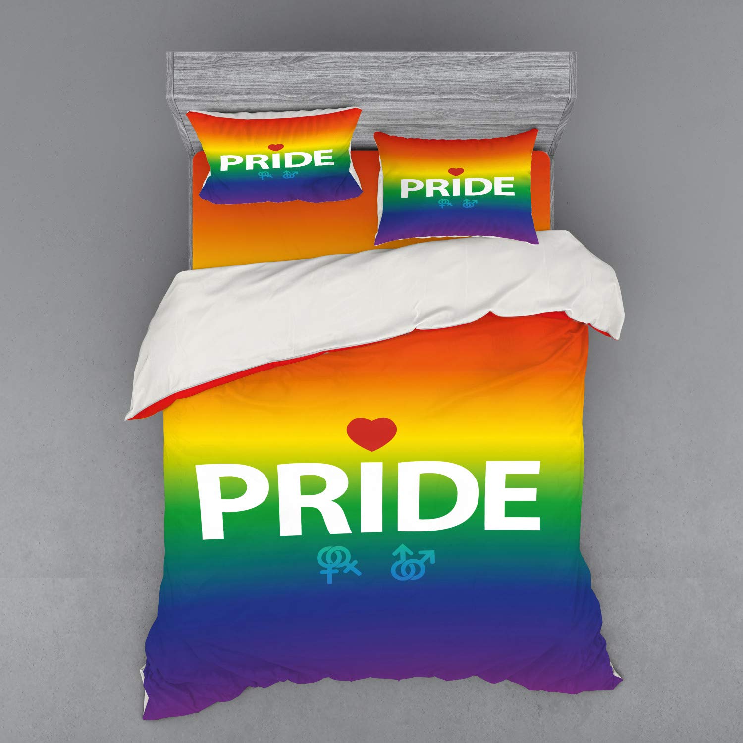 Ambesonne Pride Bedding Set - 4 Piece Duvet Cover with Shams & Fitted Sheet, Queen Size, Abstract Vibrant LGBTQ+ Celebration Design with Gender Symbols & Red Heart, Multicolor - Perfect for Pride Month, LGBTQ+ Events & Colorful Home Decor