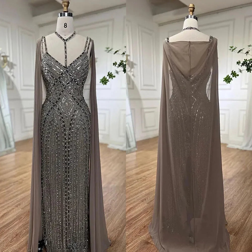 Luxury Beaded Mermaid Evening Dress with Caramel Cape Sleeves - Elegant Women's Party Gown for Prom, Wedding & Formal Events - Serene Hill Collection LA72053
