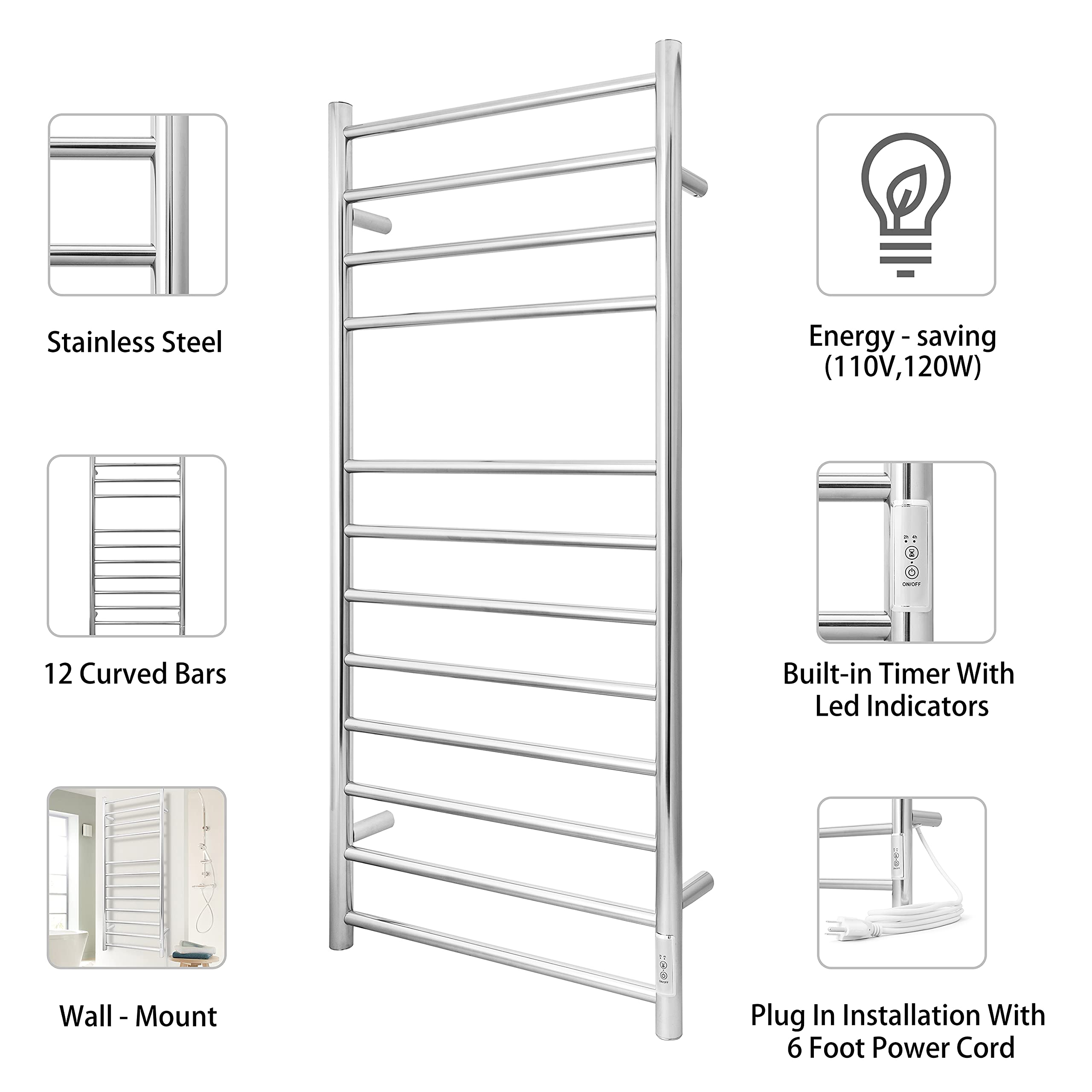 Premium Stainless Steel Electric Towel Warmer with Built-in Timer - 12 Bar Wall Mounted Heated Towel Rack for Bathroom | Fast Heating, Energy Efficient | Perfect for Spa, Luxury Hotels & Modern Homes