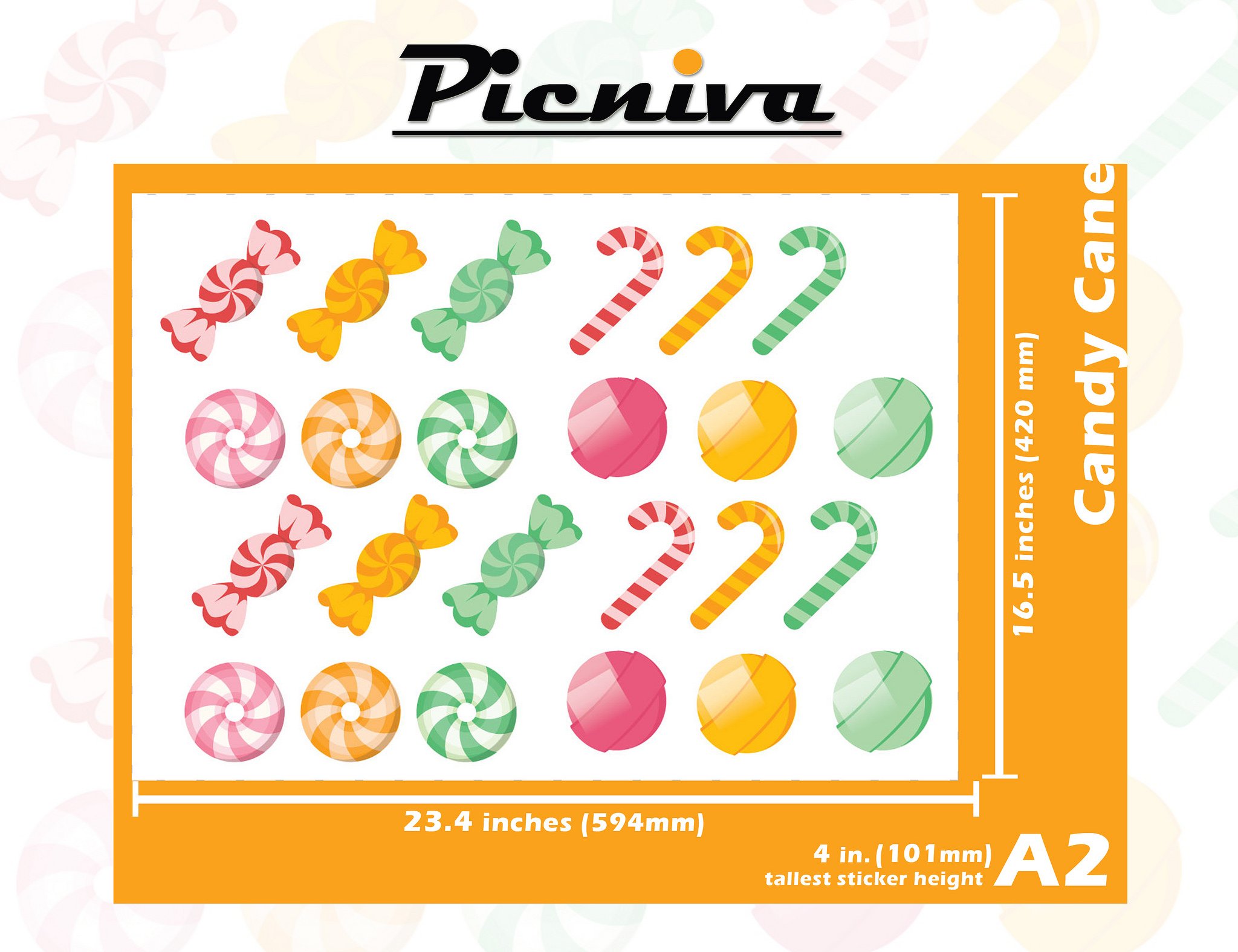 Picniva A2 (4 Inch) Candy Cane Baby Nursery Room Decal - Clear Vinyl Wall Stickers for Kids Bedroom Decor | Perfect for Nursery, Playroom & Children's Birthday Party Decorations
