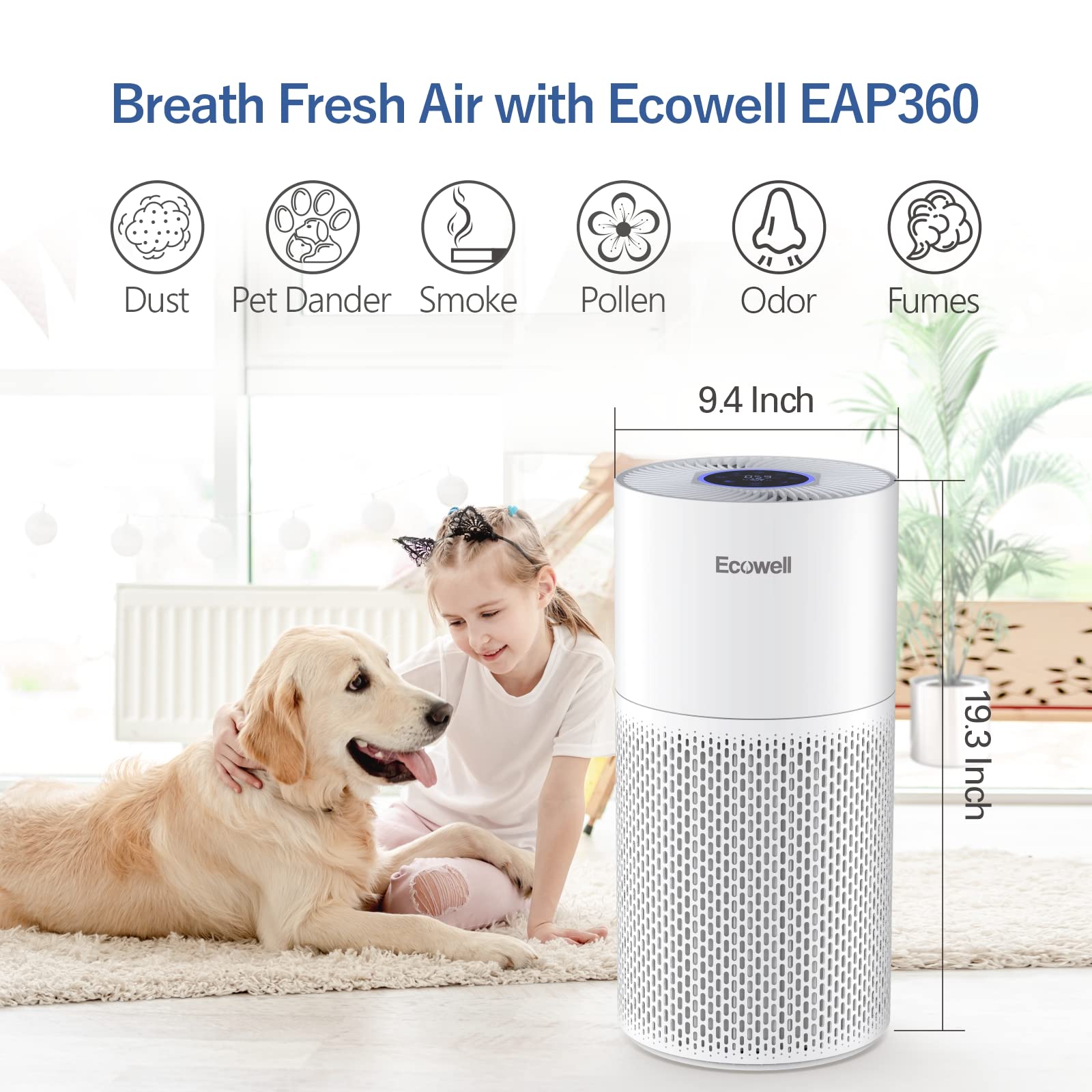 **ECOWELL EAP360 H13 True HEPA Air Purifier for Home & Bedroom - Covers 1640 sq.ft, Removes 99.97% of Mold, Pollen, Smoke, Pet Dander & Dust - Ideal for Allergies, Asthma & Odor Control in Large Rooms**