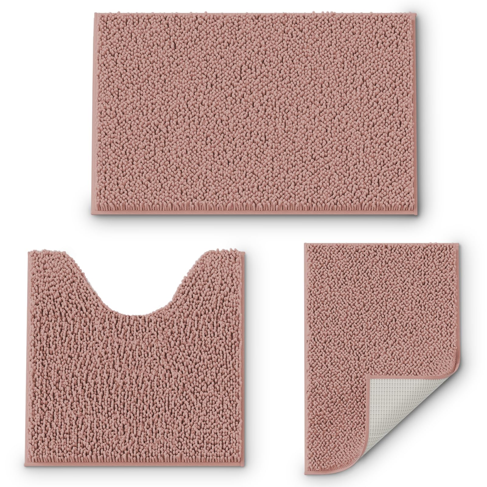 Premium Chenille Bath Mats Set of 3 - Ultra Soft Non-Slip & Super Absorbent Bathroom Rugs in Misty Rose - Plush Shaggy Bath Mat for Bathroom, Tub & Shower - Perfect for Cozy Bathrooms & Spa-Like Relaxation