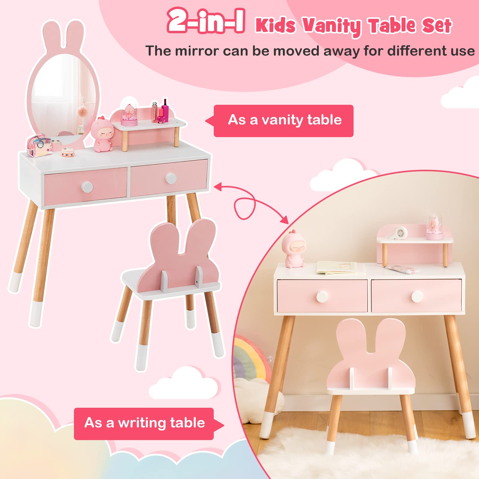 Princess Makeup Vanity Set for Kids - Wooden Rabbit Theme with Mirror & Stool - Pink