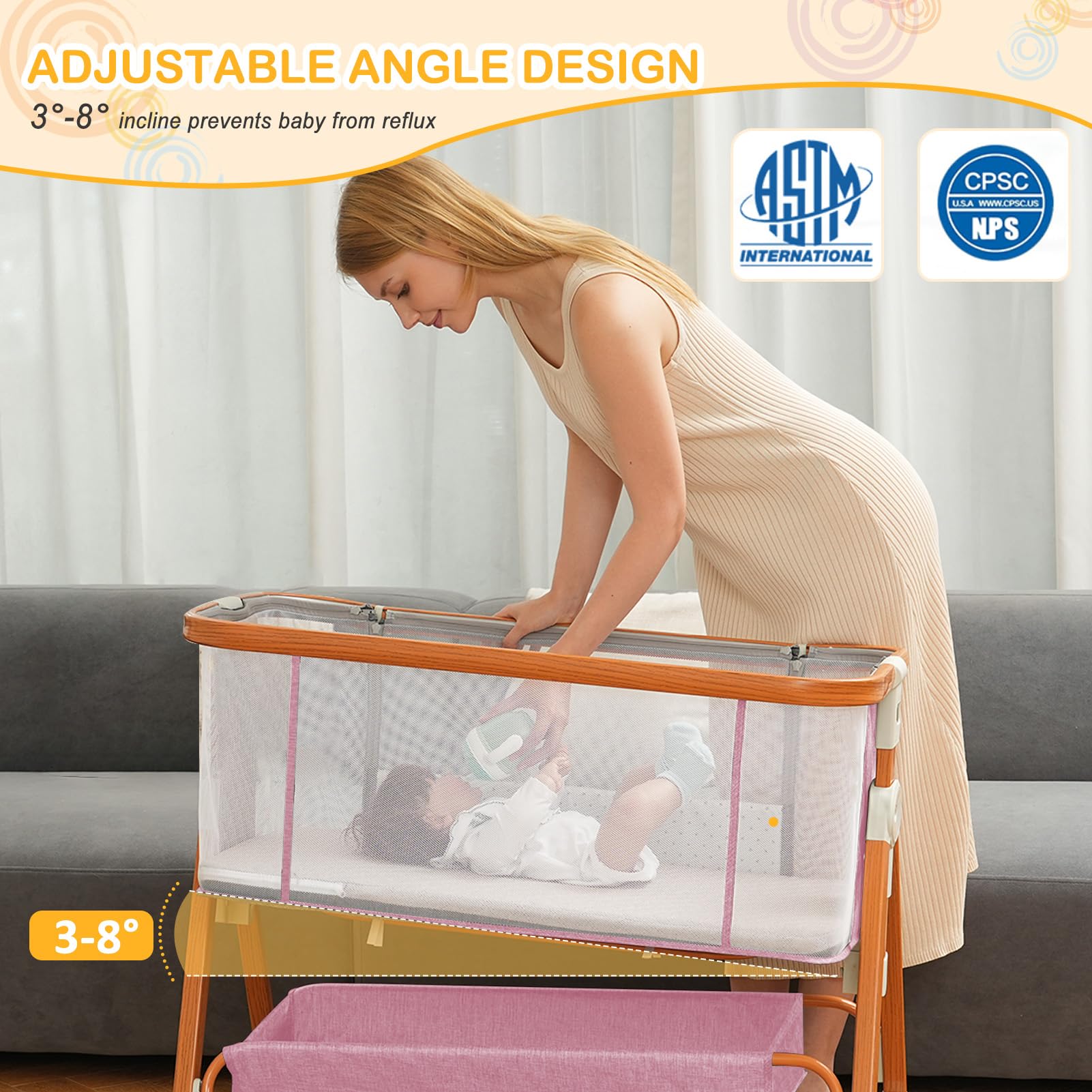 3-in-1 Adjustable Baby Bassinet Bedside Sleeper with Musical Toy & Storage Basket - Portable Crib with 4-Sided Mesh & Wheels for Newborns 0-6 Months (Pink) - Perfect for Nursery, Bedroom & Travel Use