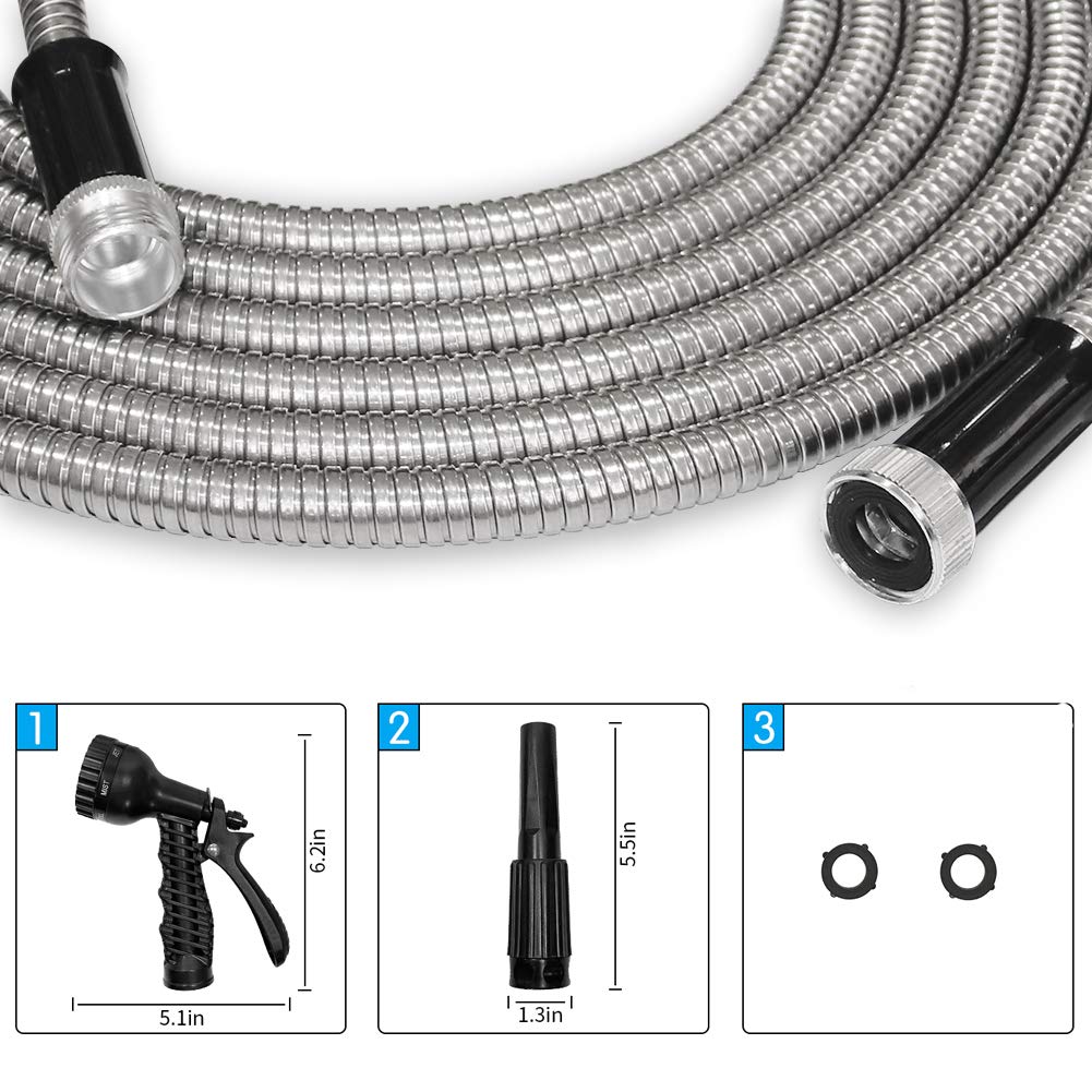 50FT Heavy Duty Flexible Stainless Steel Garden Hose - Durable Metal Water Hose with 2 Spray Nozzles, Kink-Free & Easy to Store - Perfect for Lawn Care, Car Washing, and Outdoor Watering Tasks