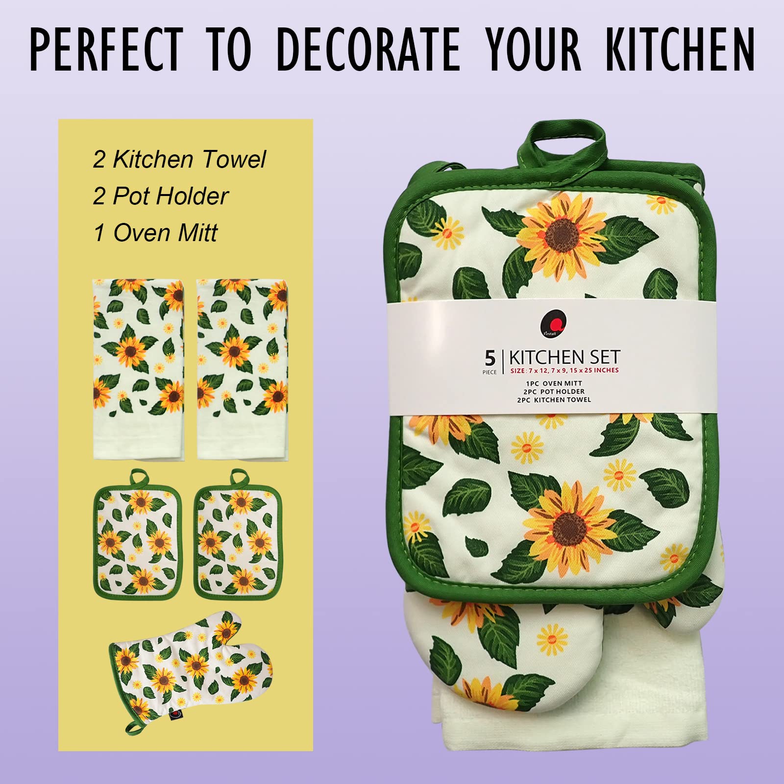 Heat Resistant Oven Mitts and Potholders Set - 100% Cotton Kitchen Accessories for Baking, Cooking & Gifting (5-Piece Sunflower Design) - Perfect for Holiday Meals, BBQ Grilling & Home Kitchen Use