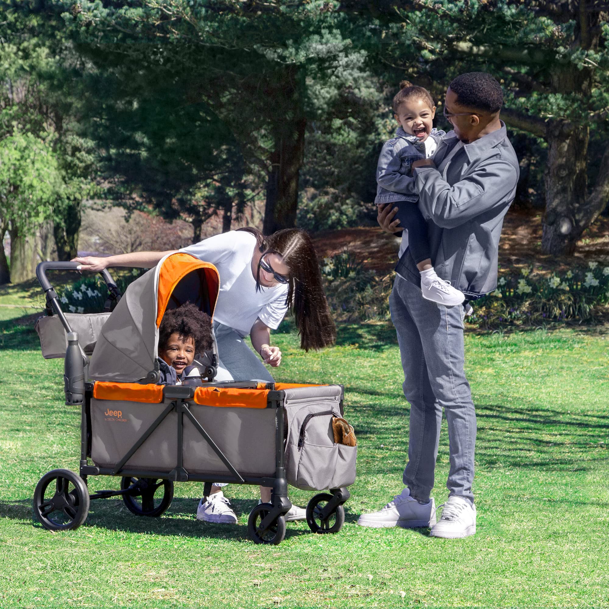 Delta Children Jeep Sport All-Terrain Stroller Wagon with Canopy, Parent Organizer & Snack Tray - Adjustable Handlebar, Cup Holders - Grey/Bonfire - Perfect for Outdoor Adventures, Beach Trips & Family Outings