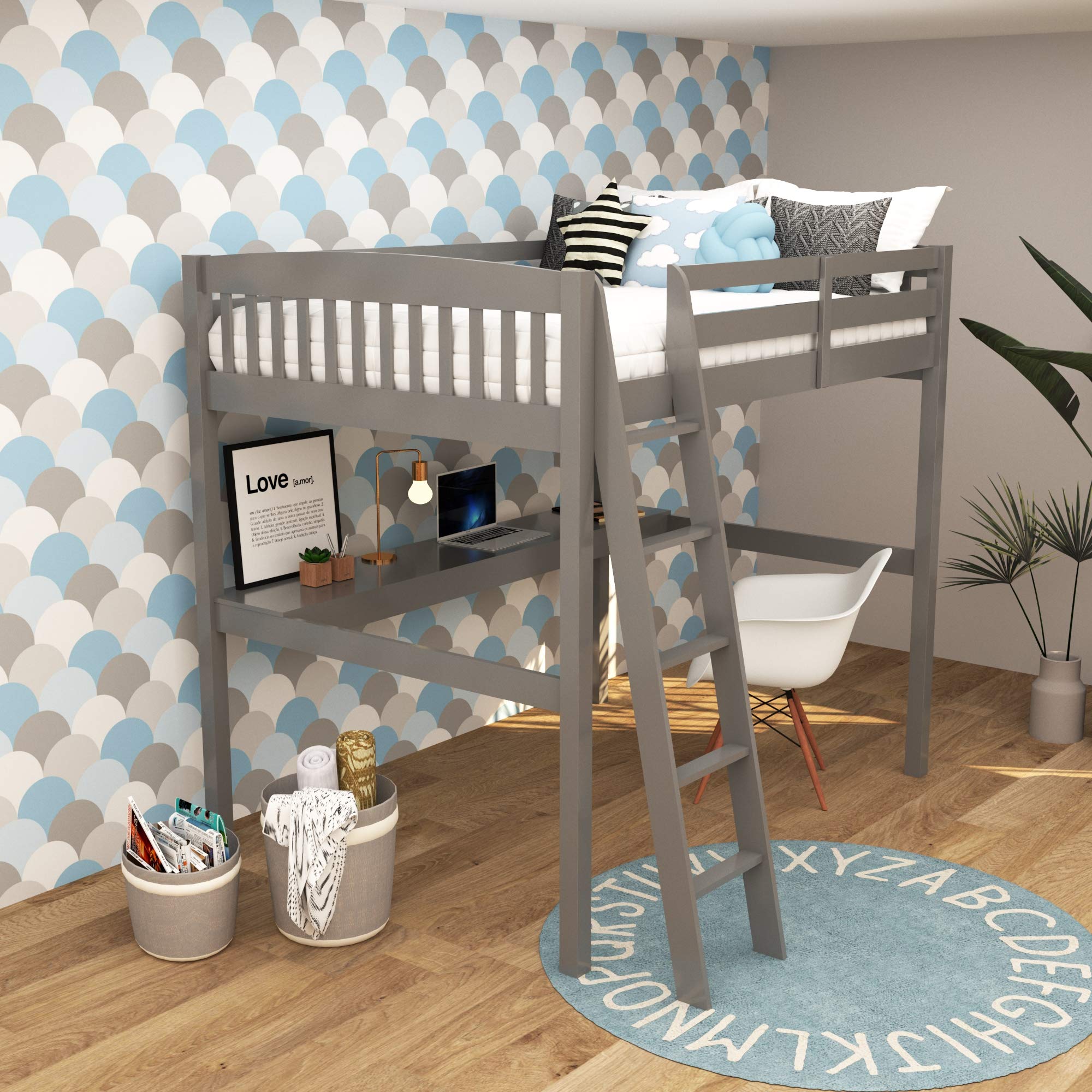 **Full Size Loft Bed with Desk & Safety Guardrail - Sturdy Wooden High Loft Bed for Kids, Teens & Adults - Slat Support & Angled Ladder - Space-Saving Bedroom Furniture for Small Rooms, Dorms & Apartments (Gray)**