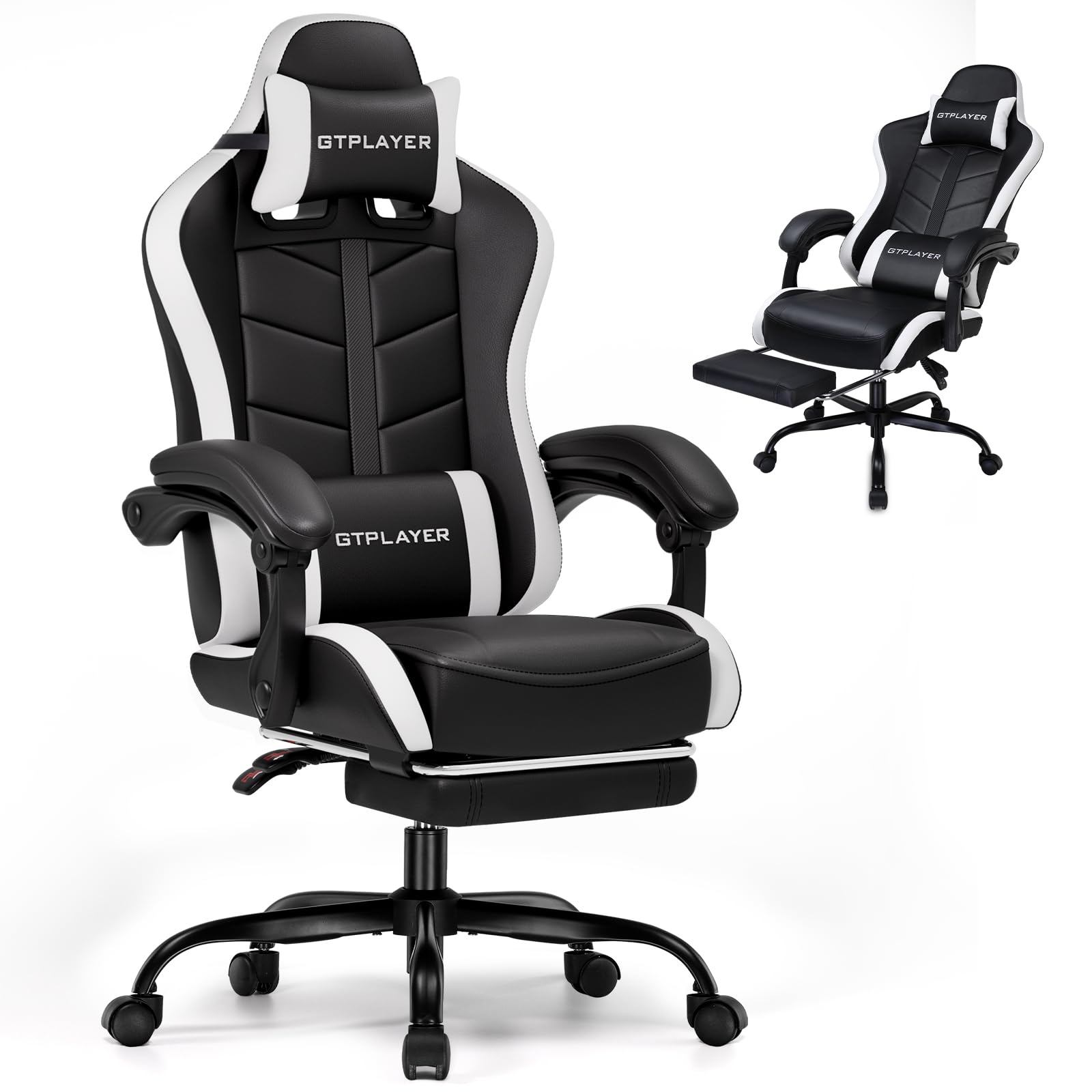 GTPLAYER Ergonomic Gaming Chair with Adjustable Footrest - Height Adjustable Computer Gaming Chair for Adults & Kids, 90-155° Recline, Removable Headrest & Lumbar Support (Carbon Black-White) - Perfect for PC Gaming, Office Work & Home Entertainment