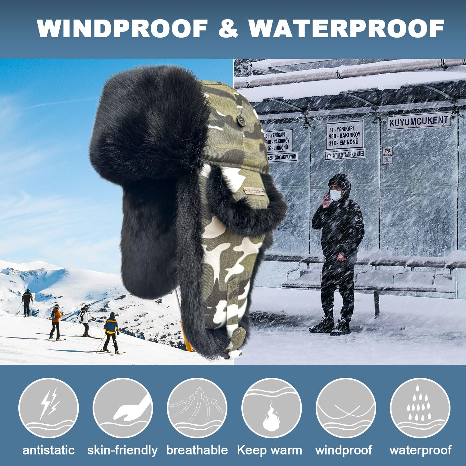 100% Real Rabbit Fur Winter Trapper Hat for Men & Women - Warm Russian Ushanka Aviator Hat with Ear Flaps - Cozy Winter Accessory for Snowboarding, Skiing & Cold Weather Outdoor Activities