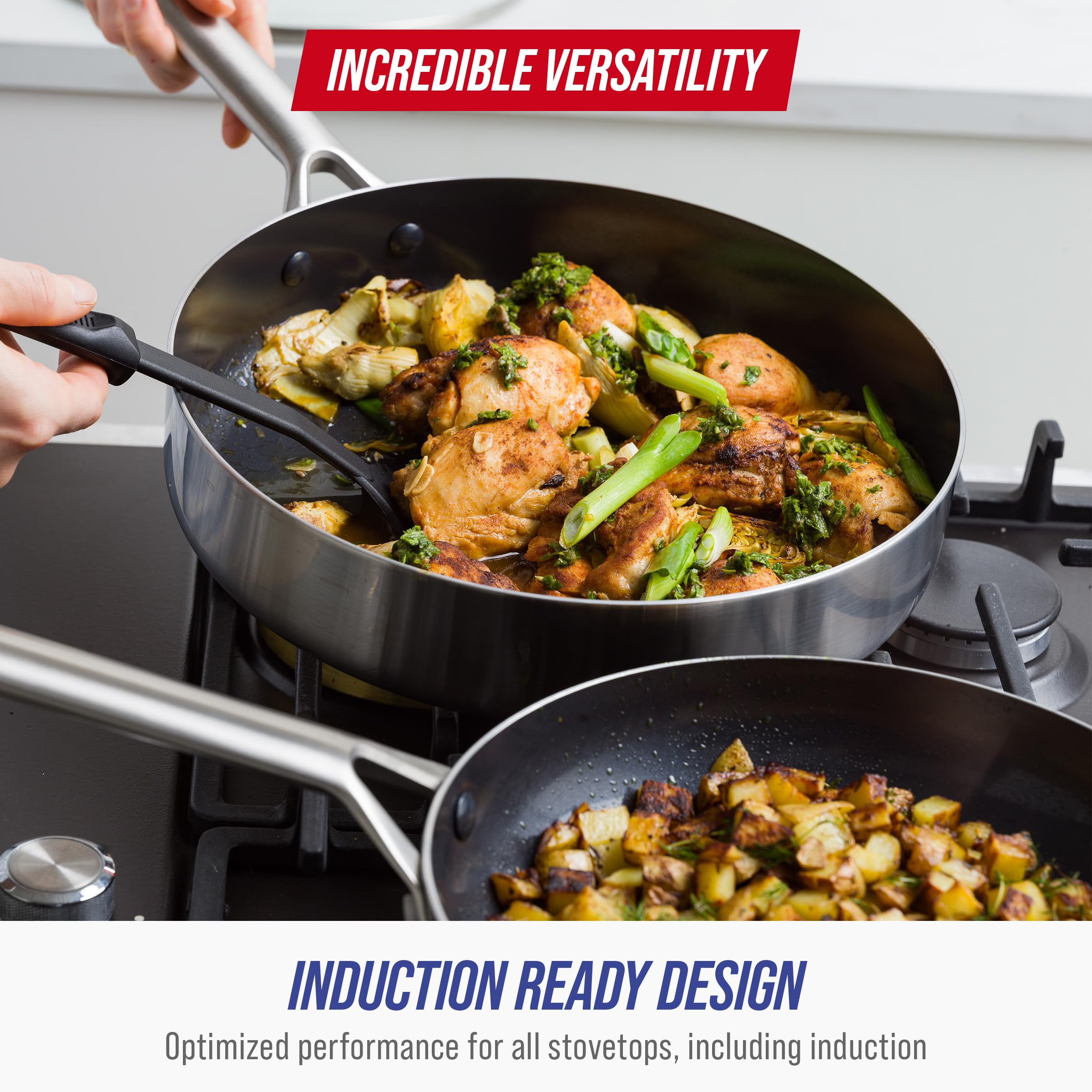 Blue Diamond 15-Piece Tri-Ply Stainless Steel Cookware Set - Healthy Ceramic Nonstick, Induction Compatible Pots & Pans | PFAS & PFOA-Free, Dishwasher & Oven Safe up to 600°F, Metal Utensil Friendly | Perfect for Everyday Cooking, Family Meals & Professional Kitchens