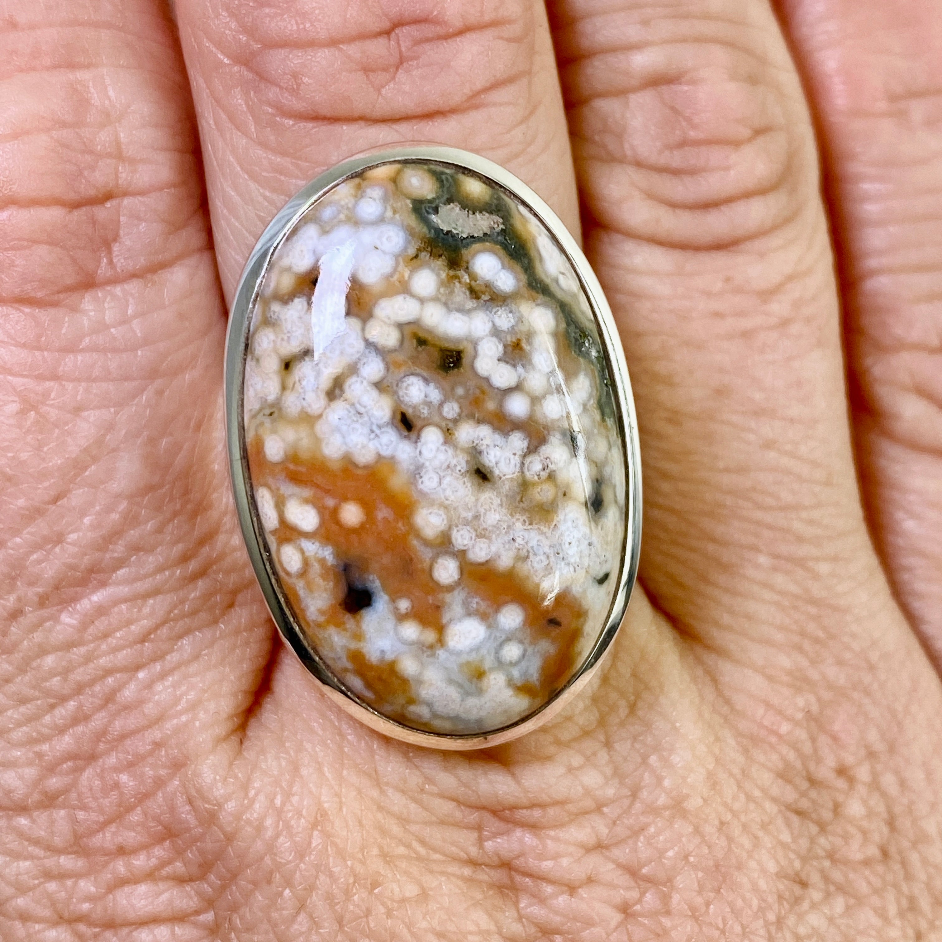 Ocean Jasper Oval Cabochon Ring - Size 8.5 - Natural Stone Jewelry - Handmade Silver Ring - Perfect for Boho Style & Spiritual Healing - Gift for Women & Crystal Lovers