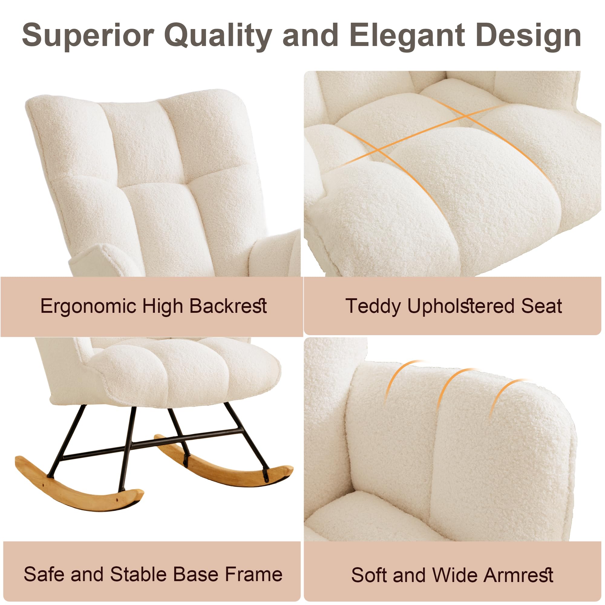 Comfy Ivory Teddy Upholstered Glider Rocker Chair - High Back Padded Nursery Rocking Chair with Armrests for Living Room, Bedroom & Office | Perfect for Nursing, Relaxing & Reading