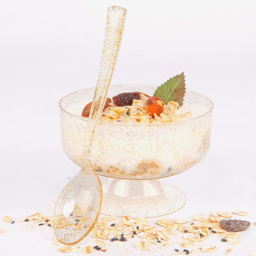 48-Pack 7oz Gold Glitter Plastic Dessert Cups with Spoons - Disposable Gold Party Plates, Silverware & Cups for Birthday, Wedding, Baby Shower & Holiday Events