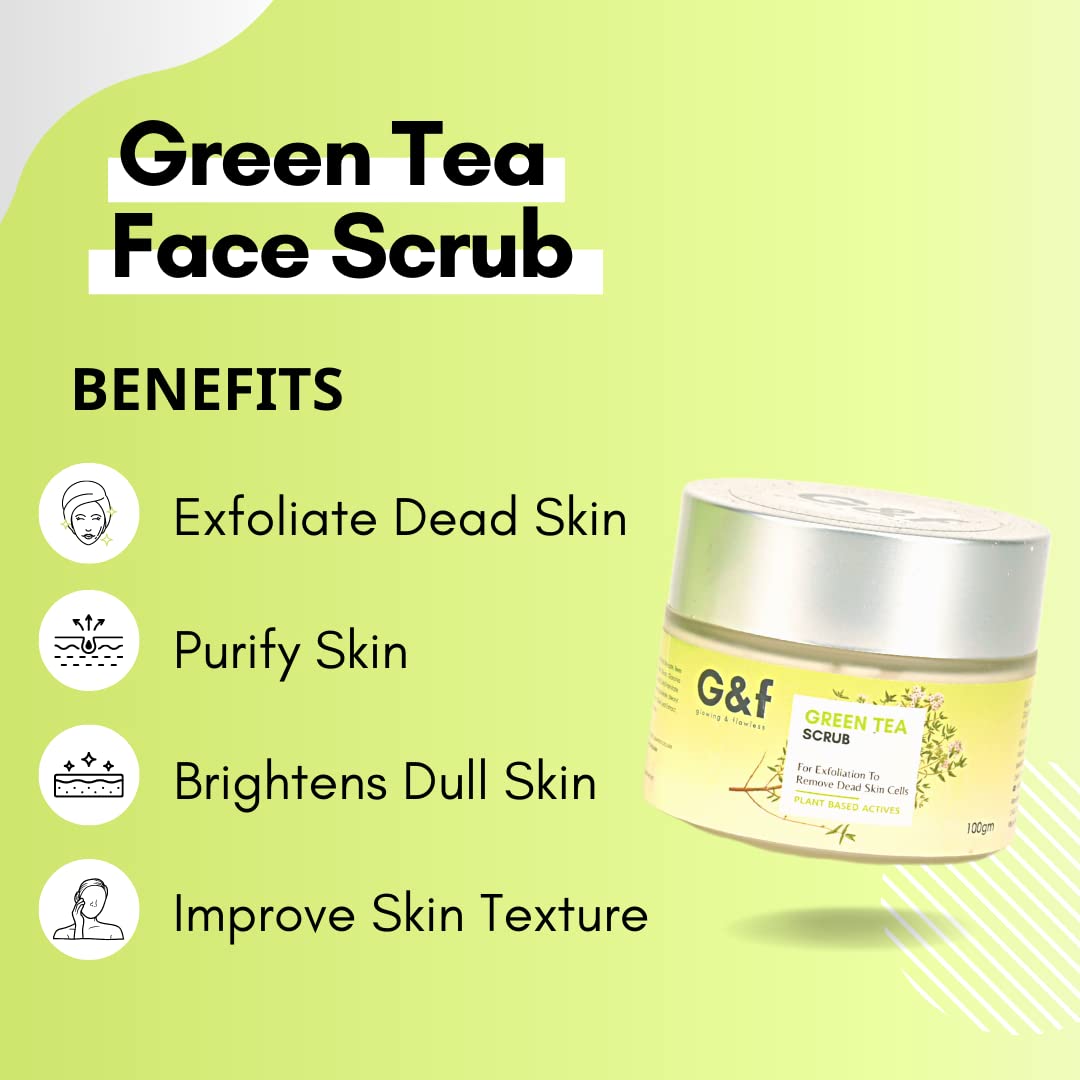 G&F Green Tea Exfoliating Face Scrub for Tan Removal & Acne Prevention - Deep Cleansing Facial Scrub for Blackheads, Dirt & Dead Skin - Suitable for Women & Men - Use on Face, Neck, Elbows & Knees for Soft Smooth Skin - Perfect for Daily Skincare Routine & Post-Sun Care - 100g
