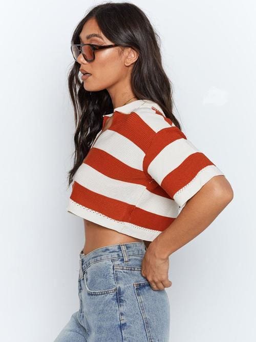Lovevop Contrast Color Striped Knitted V-Neck T-Shirt for Women - Soft Casual Tee for Everyday Wear, Outings & Layering