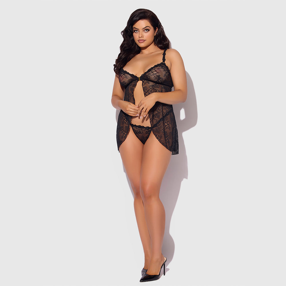 House of Desire Yvone Sexy Split Lace Front Opening Babydoll Lingerie for Women - Plus Size Curvy Fit - Perfect for Valentine's Day, Anniversary Gift or Romantic Nightwear