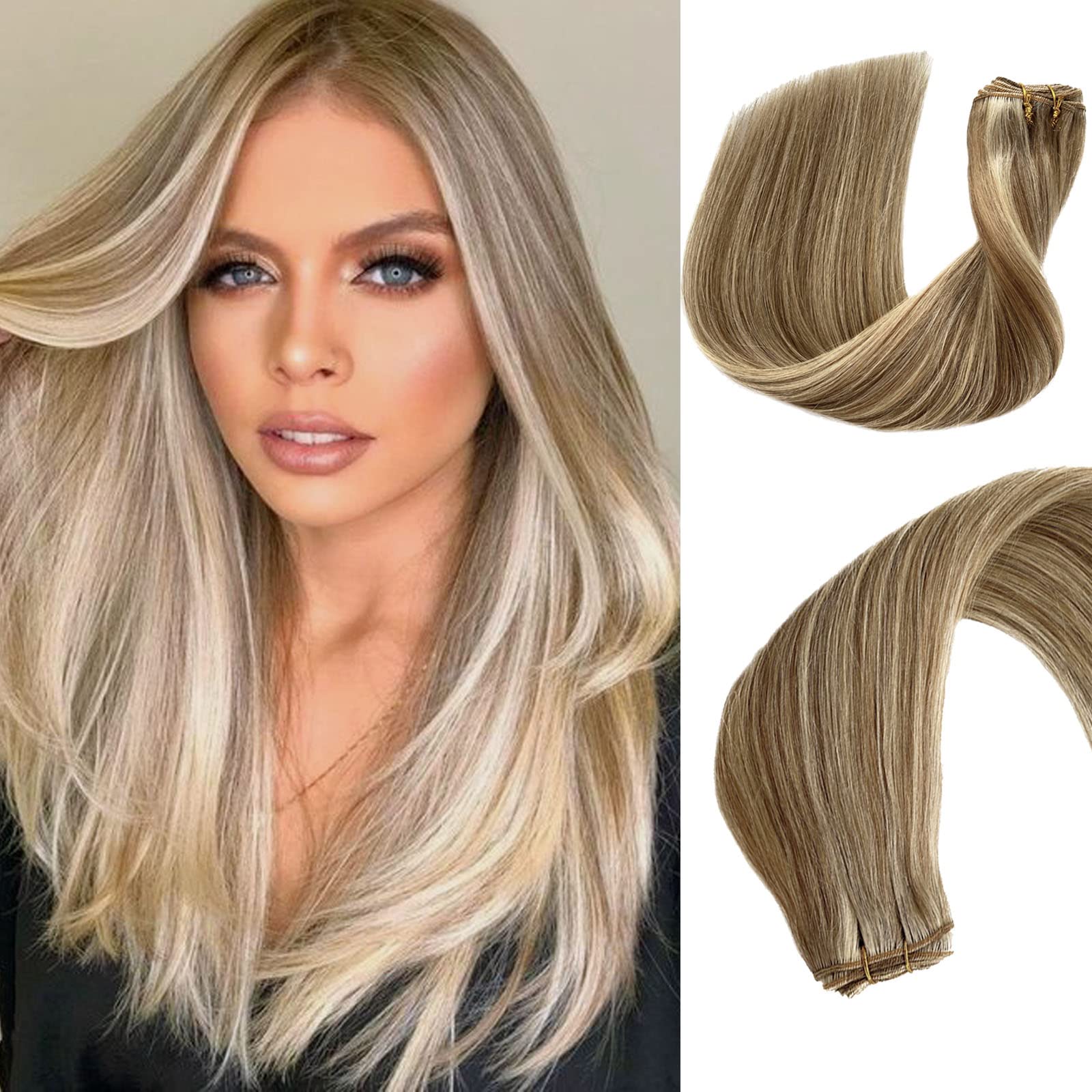 24 Inch Blonde Highlights Sew-in Hair Extensions | 120g Double Weft Remy Human Hair | Ash Brown to Platinum Blonde | Full Head Real Human Hair Wefts for Styling, Parties & Daily Wear