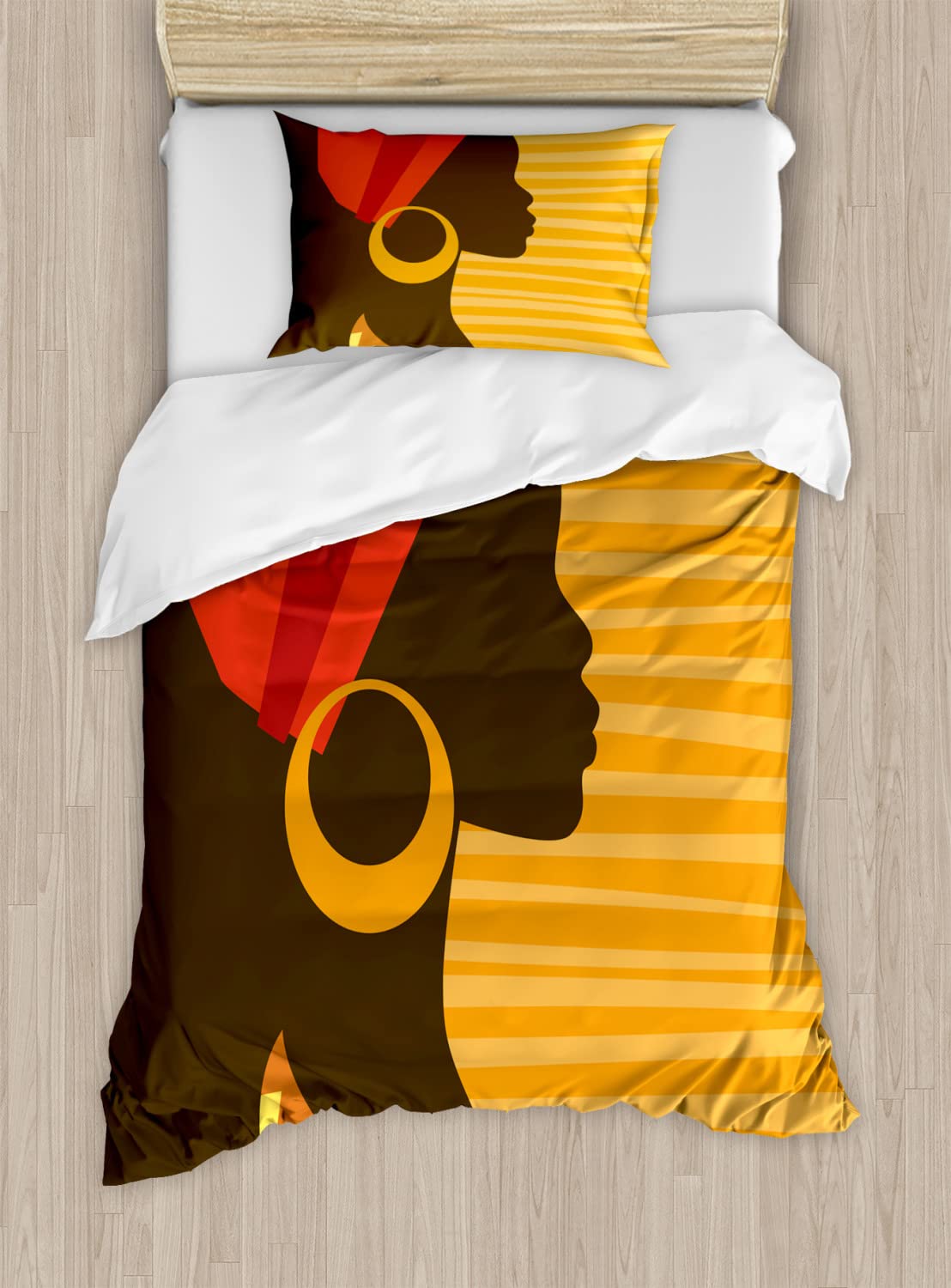 Ambesonne African Duvet Cover Sets - Modern Lady Silhouette Design with Pop Art Lines & Circles, 2-Piece King Size Bedding Set (2 Duvet Covers + 2 Pillowcases) in Dark Brown Marigold | Boho Chic Bedroom Decor for Master & Guest Rooms