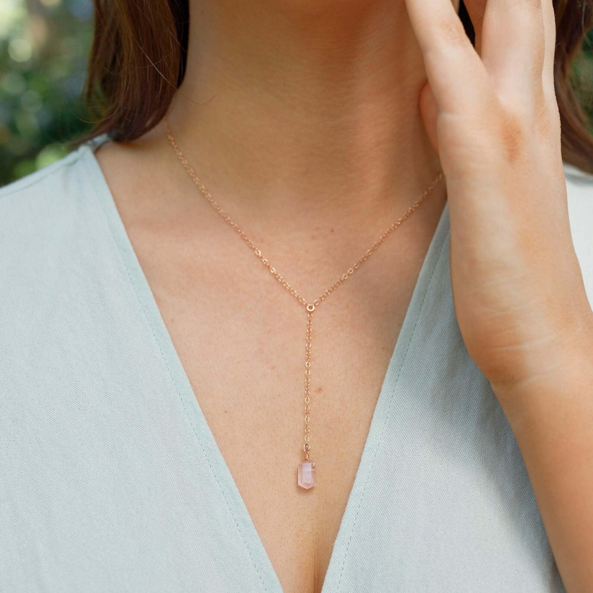 Rose Quartz Double Terminated Mini Crystal Point Lariat Necklace - Healing Stone Jewelry for Women, Dainty Boho Pendant Necklace - Perfect for Meditation, Energy Work & Everyday Wear