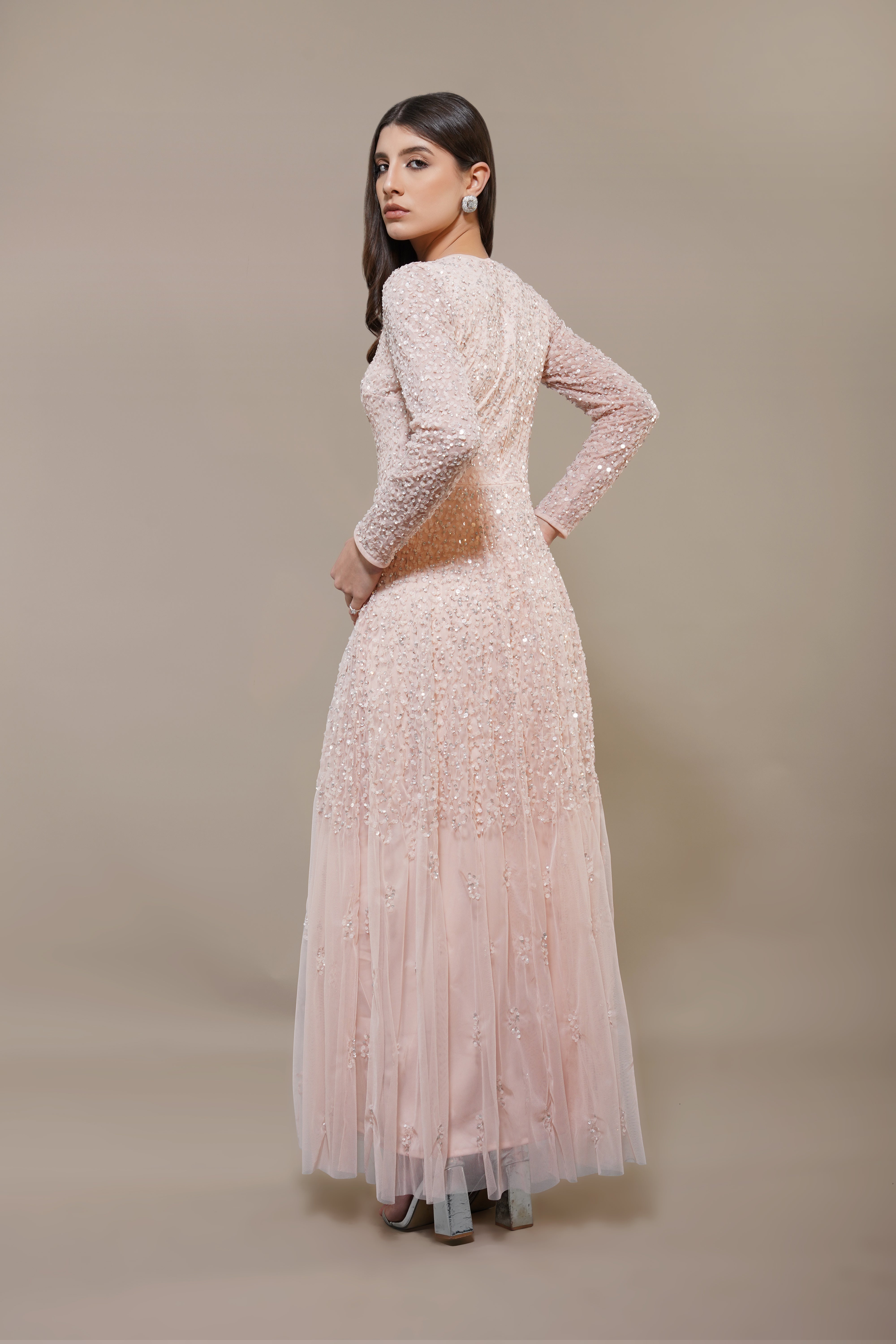 Sila Blush Pink Long Sleeve Embellished Maxi Dress for Women - Elegant Evening Gown for Weddings, Parties & Special Occasions
