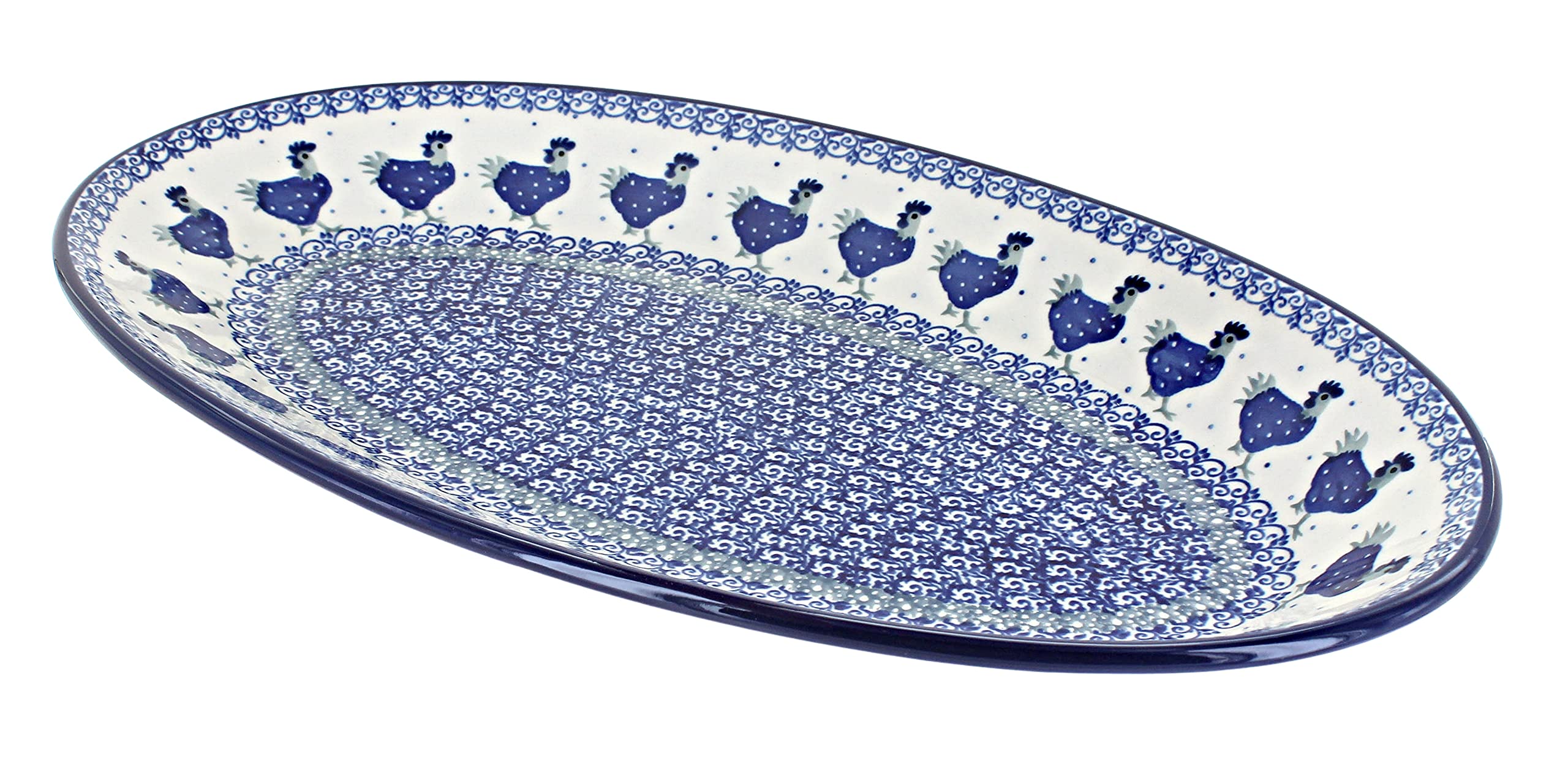 Blue Rose Polish Pottery Barnyard Rooster Oval Platter - Handmade Ceramic Serving Dish for Farmhouse Decor, Dinner Parties & Holiday Entertaining