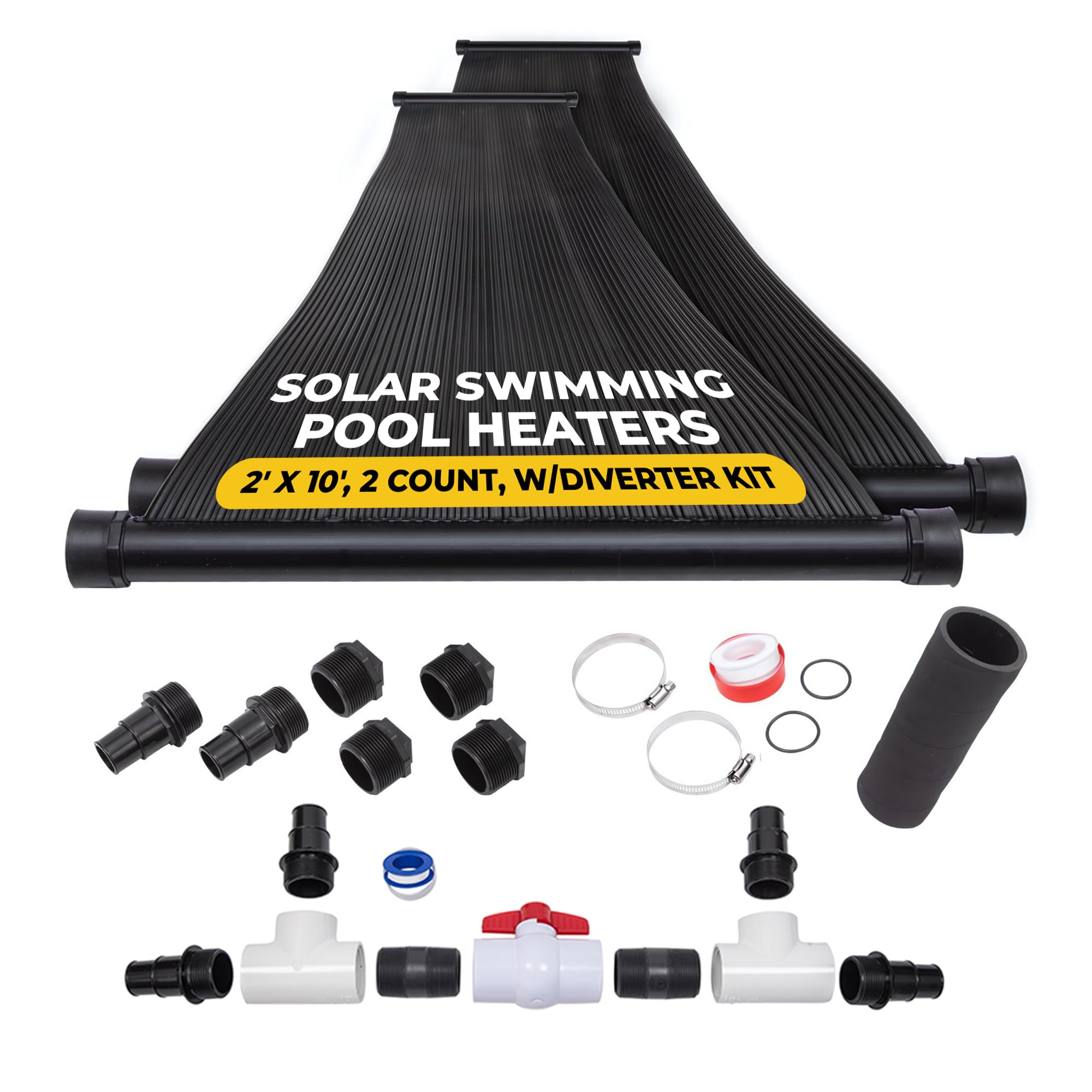 SunQuest Solar Pool Heater Panels - 2 Pack (2ft x 10ft) Solar Collectors with Diverter Kit - Efficient Solar Water Heater for Above Ground & Inground Pools - DIY-Friendly Polypropylene UV-Resistant Panels - Perfect for Extending Swimming Season & Reducing Energy Costs