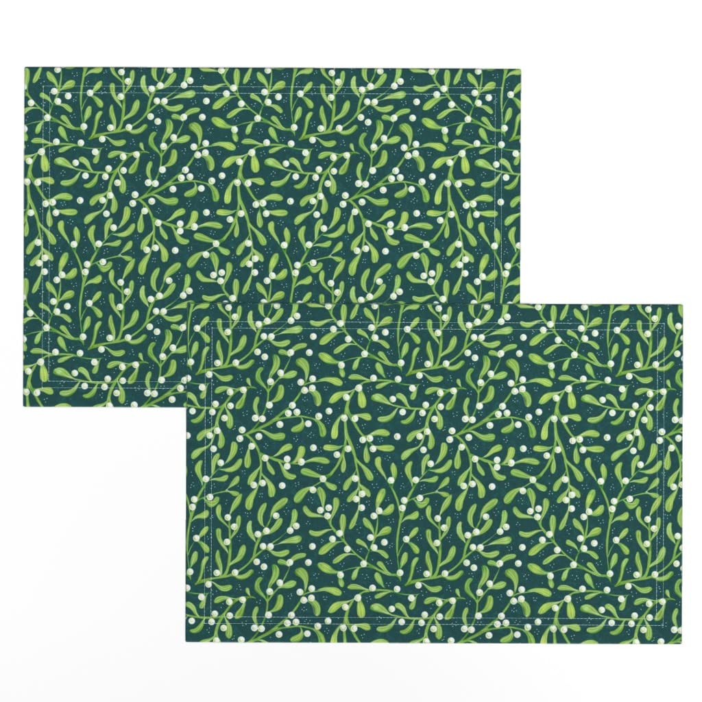 Premium Linen Cotton Canvas Placemats Set of 2 - Christmas Holiday Green White Vischio Ditsy Winter Print Table Mats for Dining Decor, Holiday Parties & Seasonal Home Styling
