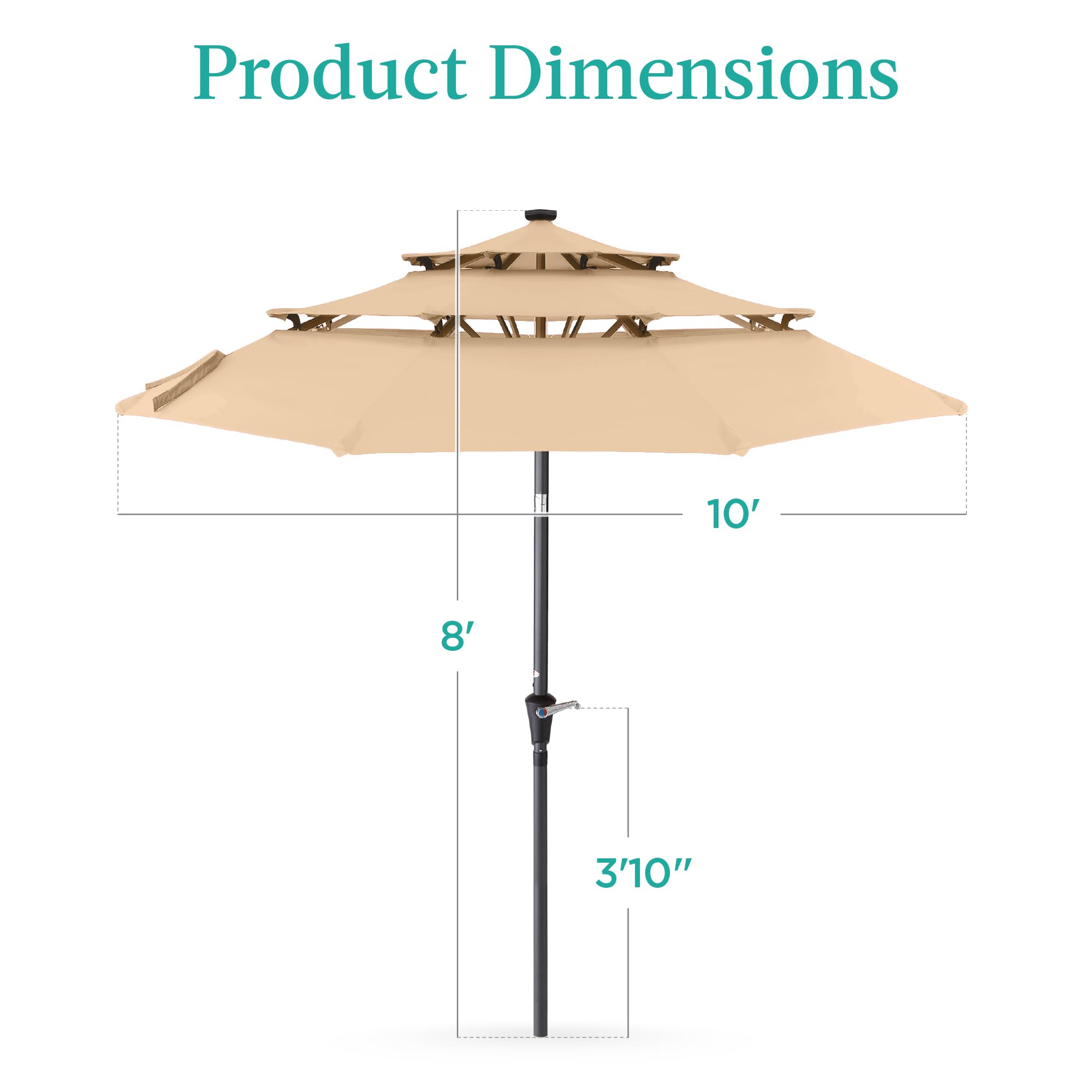 Best Choice Products 10ft 3-Tier Solar Patio Umbrella with 24 LED Lights - Adjustable Tilt & Easy Crank, 8-Rib Sun Shade for Backyard, Deck, Poolside - Perfect for Outdoor Dining, Lounging, and Summer Gatherings (Sand Color)