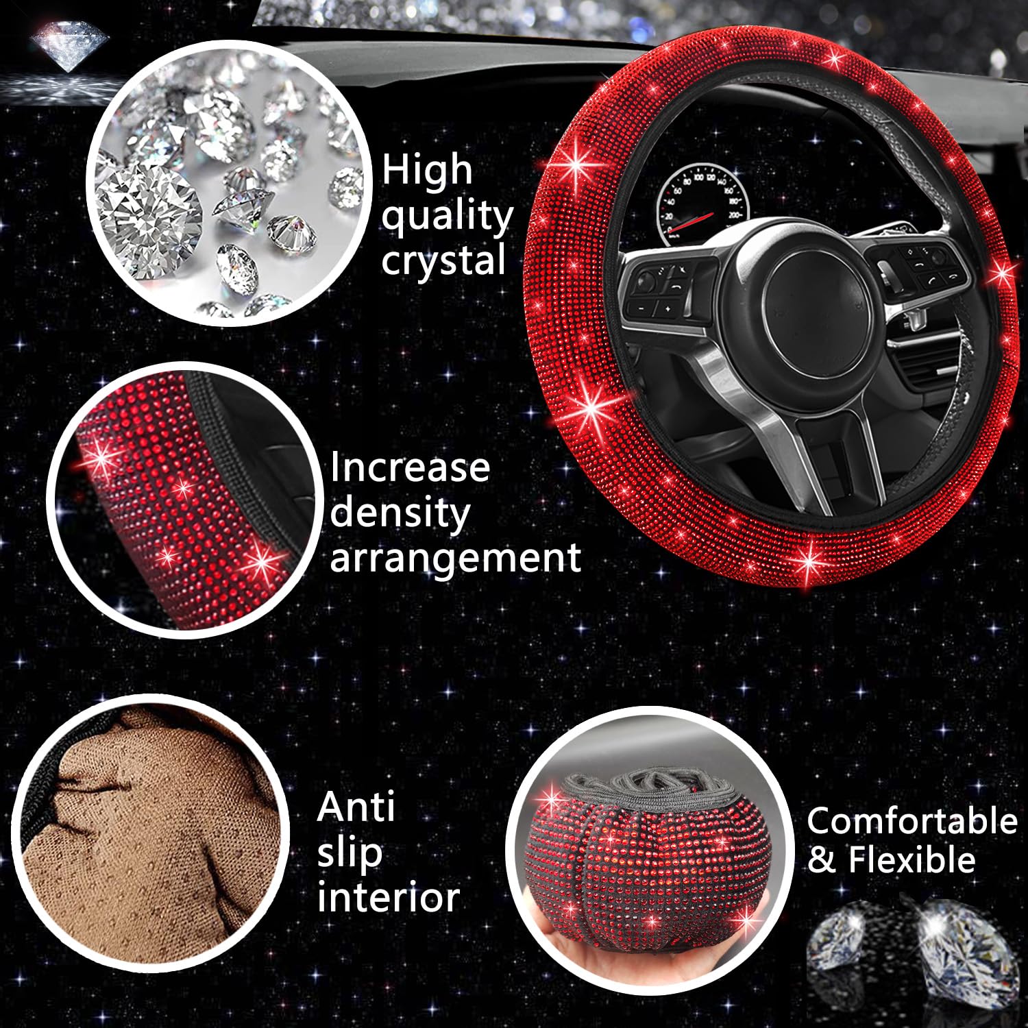 27Pcs Car Accessories Set for Women - Steering Wheel Cover, Phone Holder & More (Red Diamond) - Perfect Gift & Car Decor