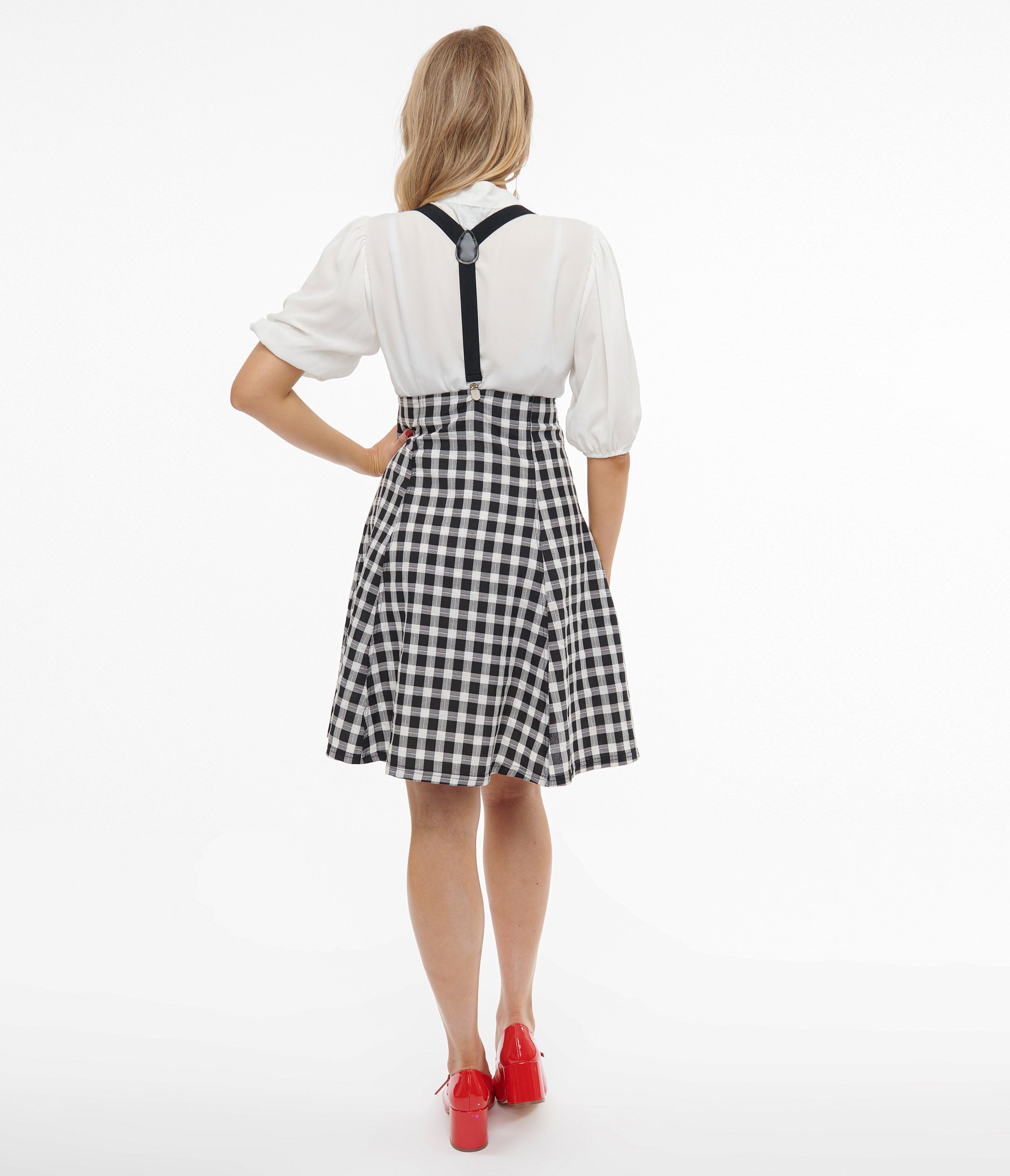 Vintage 1950s Black & White Gingham Checkered Flare Skirt with Suspenders - Retro Swing Skirt for Pinup Fashion, Rockabilly Outfits & 50s Costume Parties