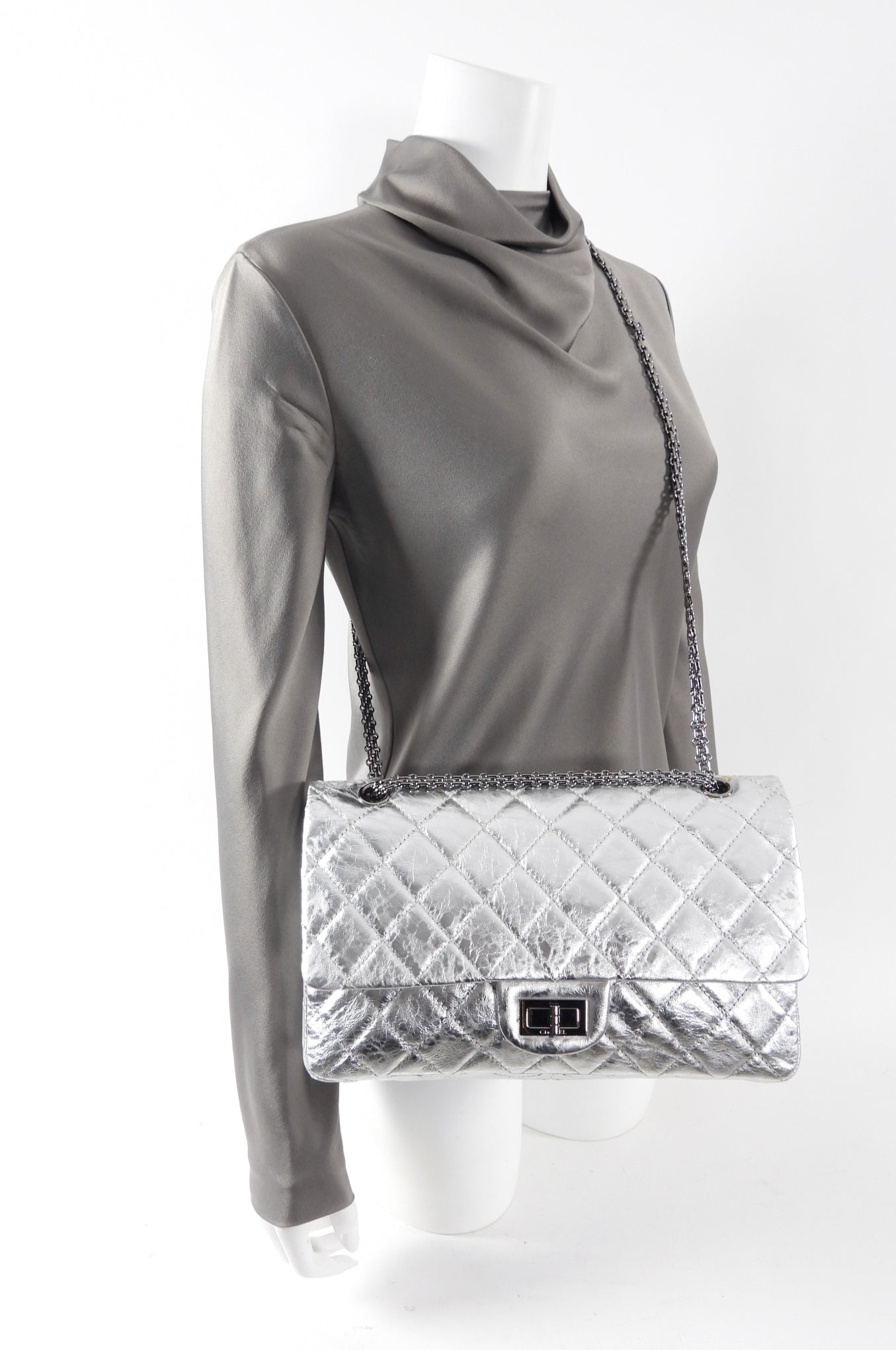 Chanel 2.55 Reissue 227 Jumbo Silver Aged Calfskin Flap Bag - Luxury Designer Handbag for Women | Perfect for Evening Events, Parties & Special Occasions