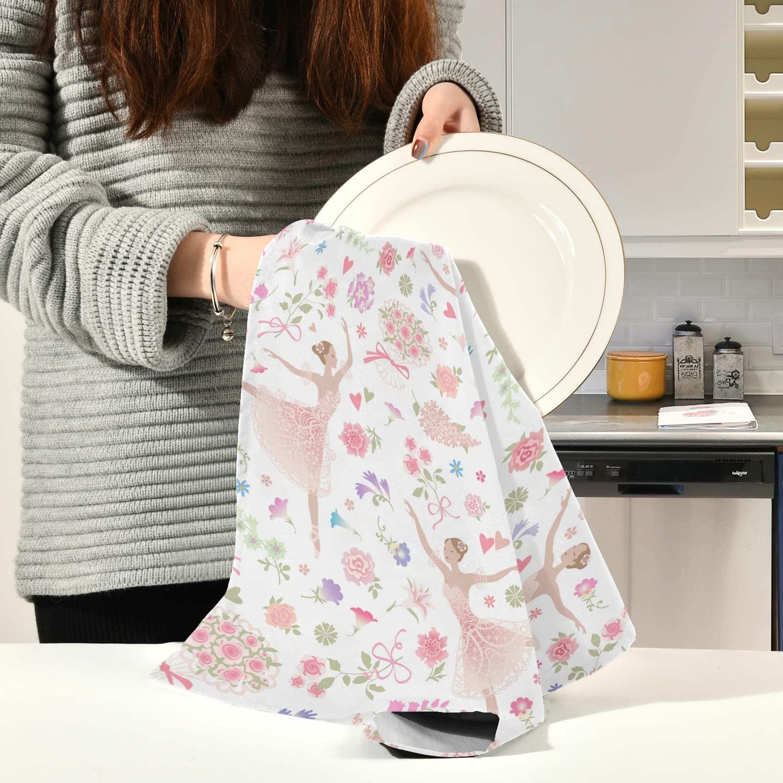 ALAZA 4-Pack Super Absorbent Soft Kitchen Towels - 18 x 28 Inch Dish Cloths, Tea Towels with Dancing Ballerina & Heart Floral Design | Perfect for Kitchen, Bar, Dish Drying & Home Decor