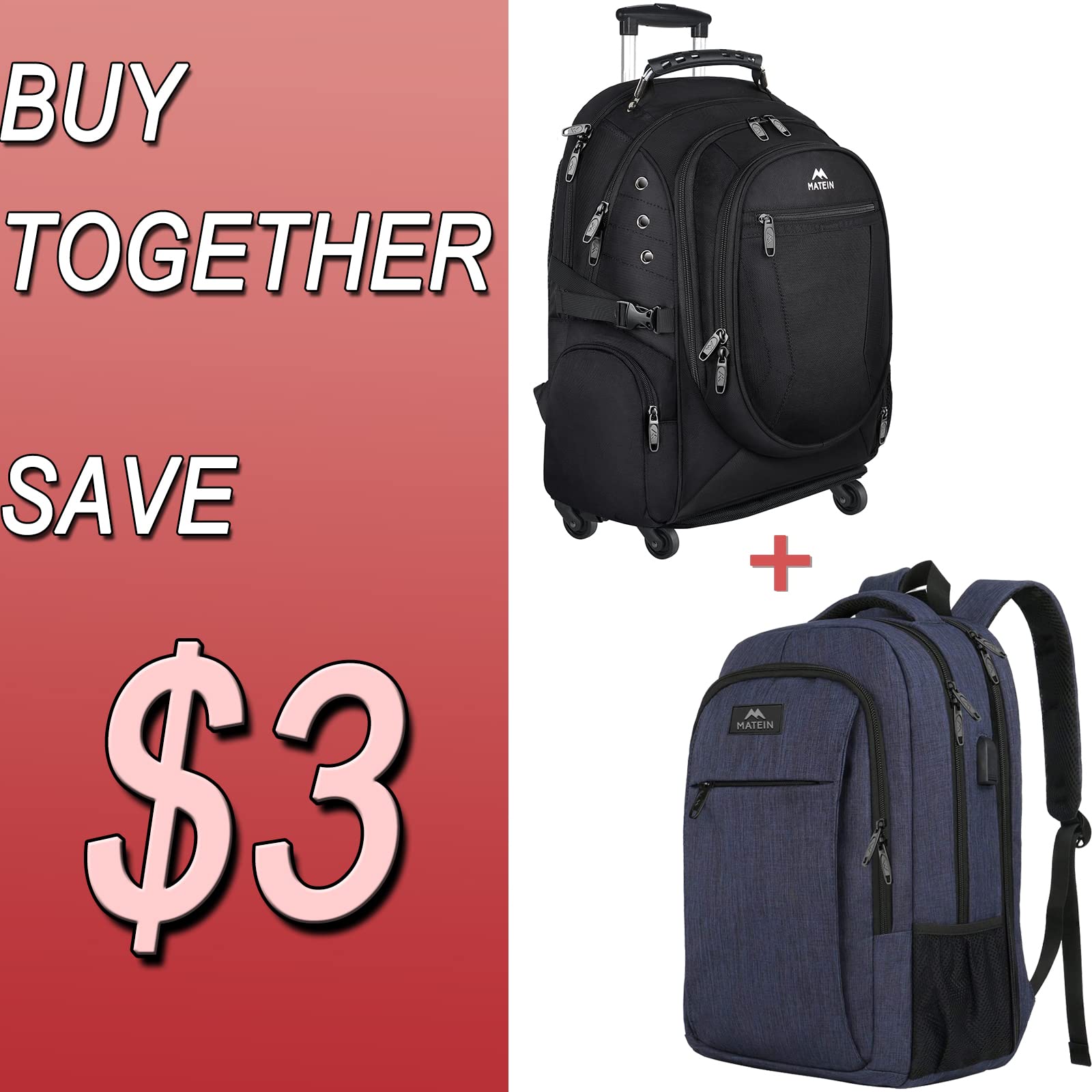 Matein Large Laptop Backpack with USB Charging Port & Wheels - 15.6 Inch College Backpack for Men & Women | Perfect for School, Travel & Commuting