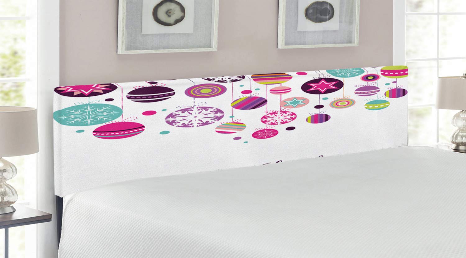 Ambesonne Christmas Headboard - Colorful Retro Snowflake & Bauble Design, Upholstered Metal Bed Frame with Memory Foam (King Size, Multicolor) | Holiday Bedroom Decor for Festive Season