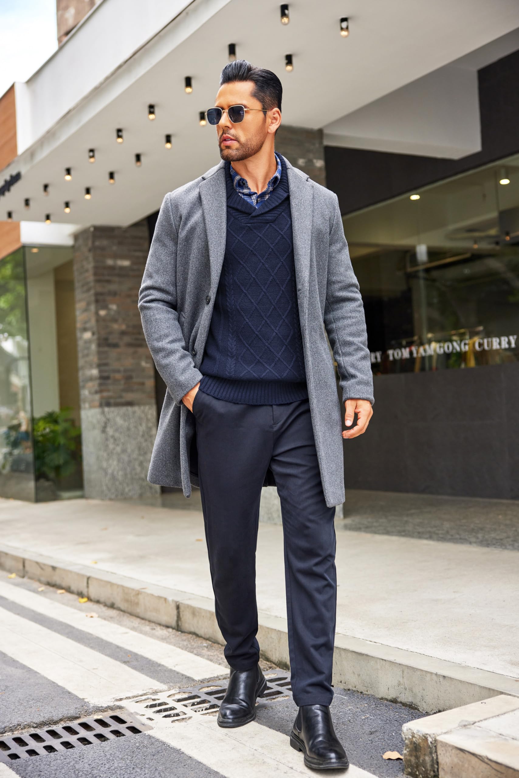 COOFANDY Men's Shawl Collar Sweater V-Neck Cable Knit Pullover - Casual Winter Warm Wool Blend Sweater for Office, Date Night & Holiday Outfits