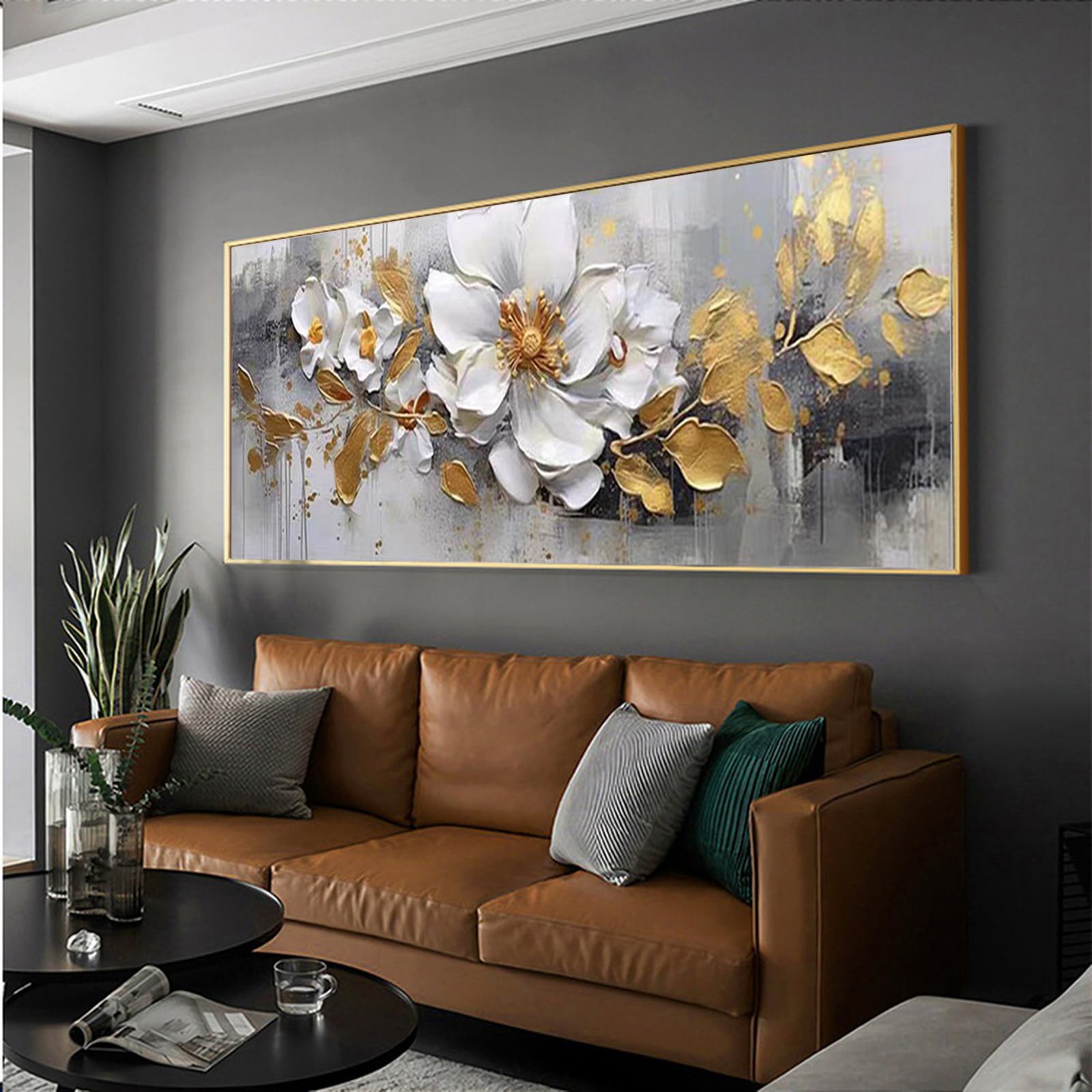 Hand Painted White Flower Golden Leaf Floral Oil Painting on Canvas - Large 24x56 Inch Framed Wall Art for Living Room, Bedroom, Office & Kitchen Decor | Perfect for Home, Office & Restaurant Wall Decoration