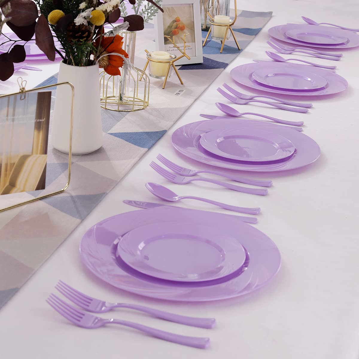 125-Piece Purple Plastic Dinnerware Set - 25 Lavender Plates, 25 Dessert Plates, 25 Forks, 25 Knives, 25 Spoons - Disposable Tableware for Wedding, Birthday Party, Mardi Gras, Picnic & Outdoor Events